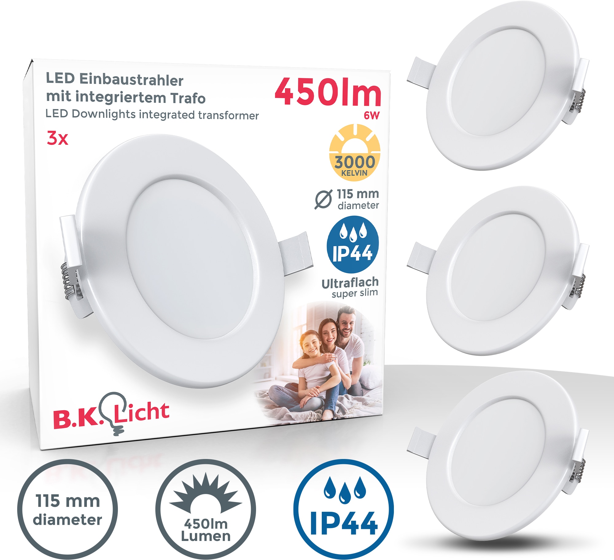 LED Einbauleuchte, Einbauspots, Bad, ultra flach, inkl. 3x 5W 450LM 3000K, IP44