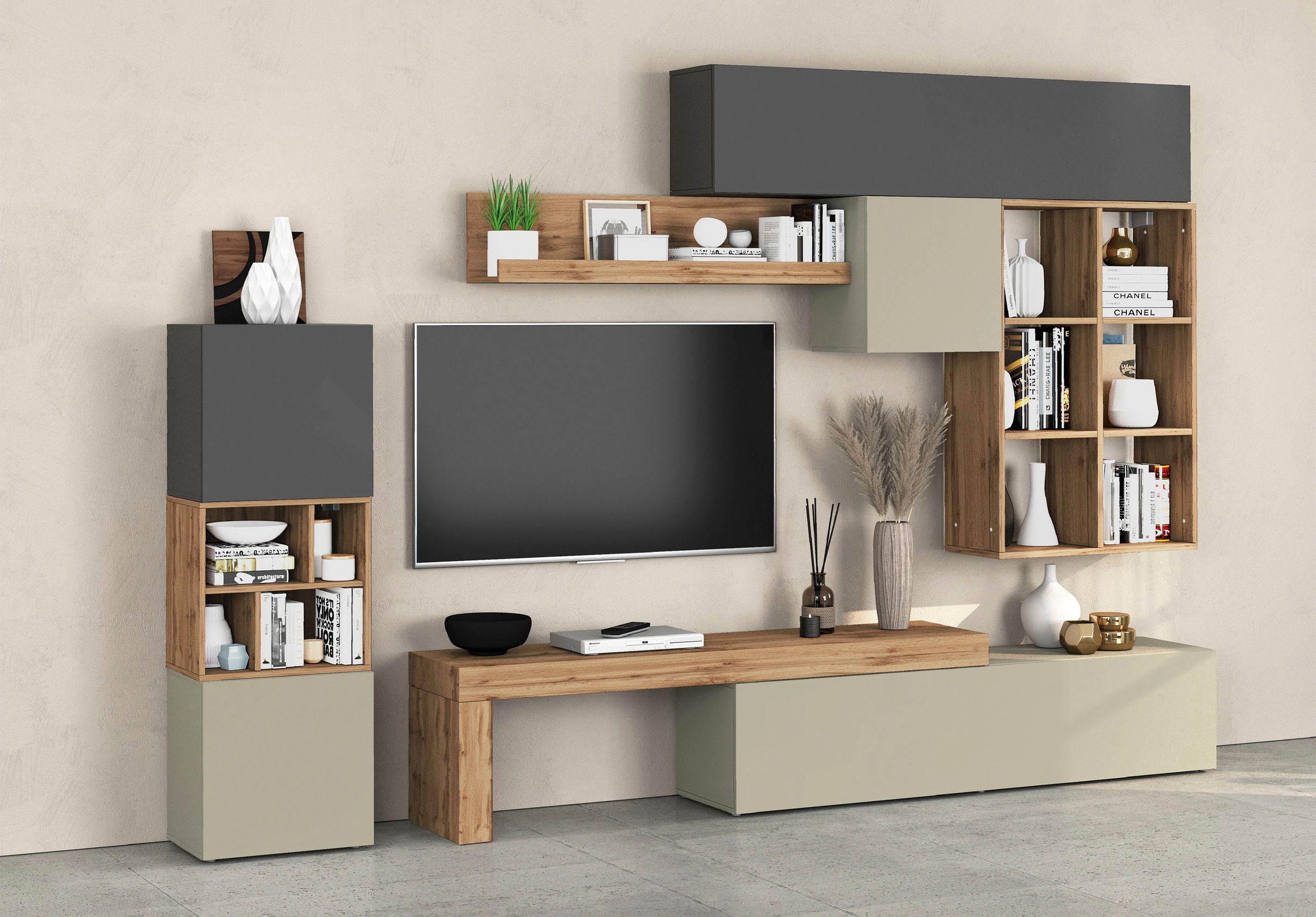 INOSIGN Wohnwand »Chronos Wohnwand, Medienwand, 8-er set«, (Set, 8 St.), ca. 320 cm mit Hängeschränke, Würfel, Regal, Lowboard, Made in Italy