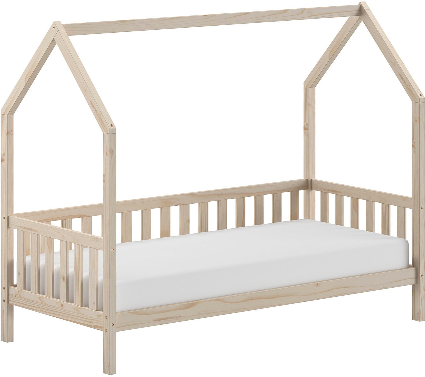 Vipack Hausbett »Cabane, mit Dachaufbau, Bettschublade auf Rollen u. Sprossenumrandung«, (B/H/T ca. 208x169x98 cm) aus massiver Eiche, Oberfläche Natur), sehr stabil und standfest gebaut inkl. Massivholz Rolllattenrost
