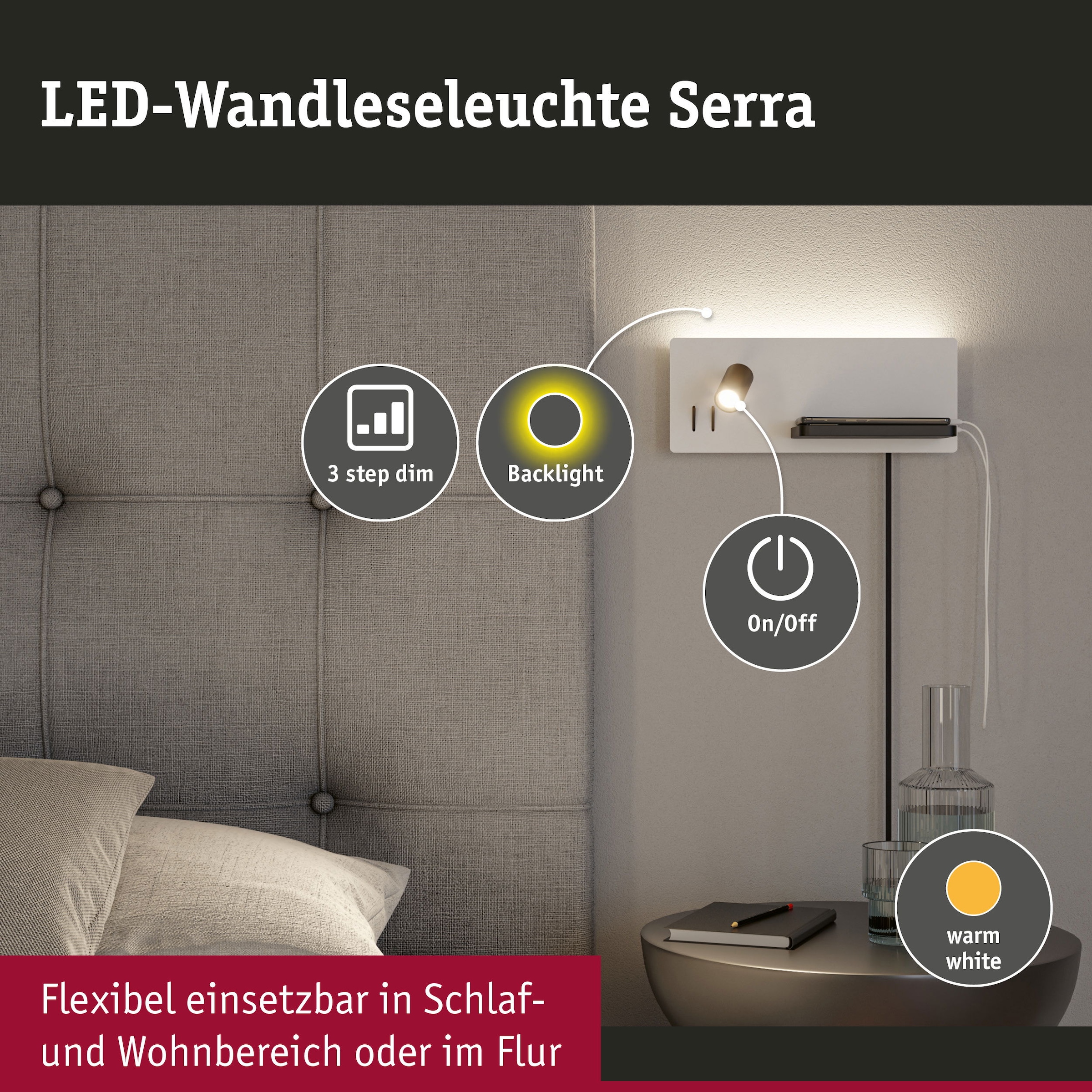Paulmann LED Wandleuchte »Serra 2700K 650lm / 200lm 230V 5,5 / 1x2,6W« 1 Stk. Warmweiß Bettleuchte, USB C, dimmbar