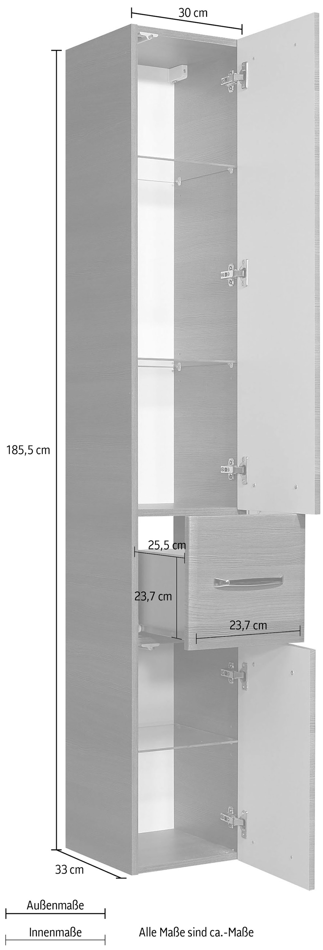 Saphir Hochschrank »Quickset Badschrank 30 cm breit, 2 Türen, 1 Schublade, 3 Einlegeböden«, Badezimmer-Hochschrank inkl. Türdämpfer, Griffe in Chrom glänzend