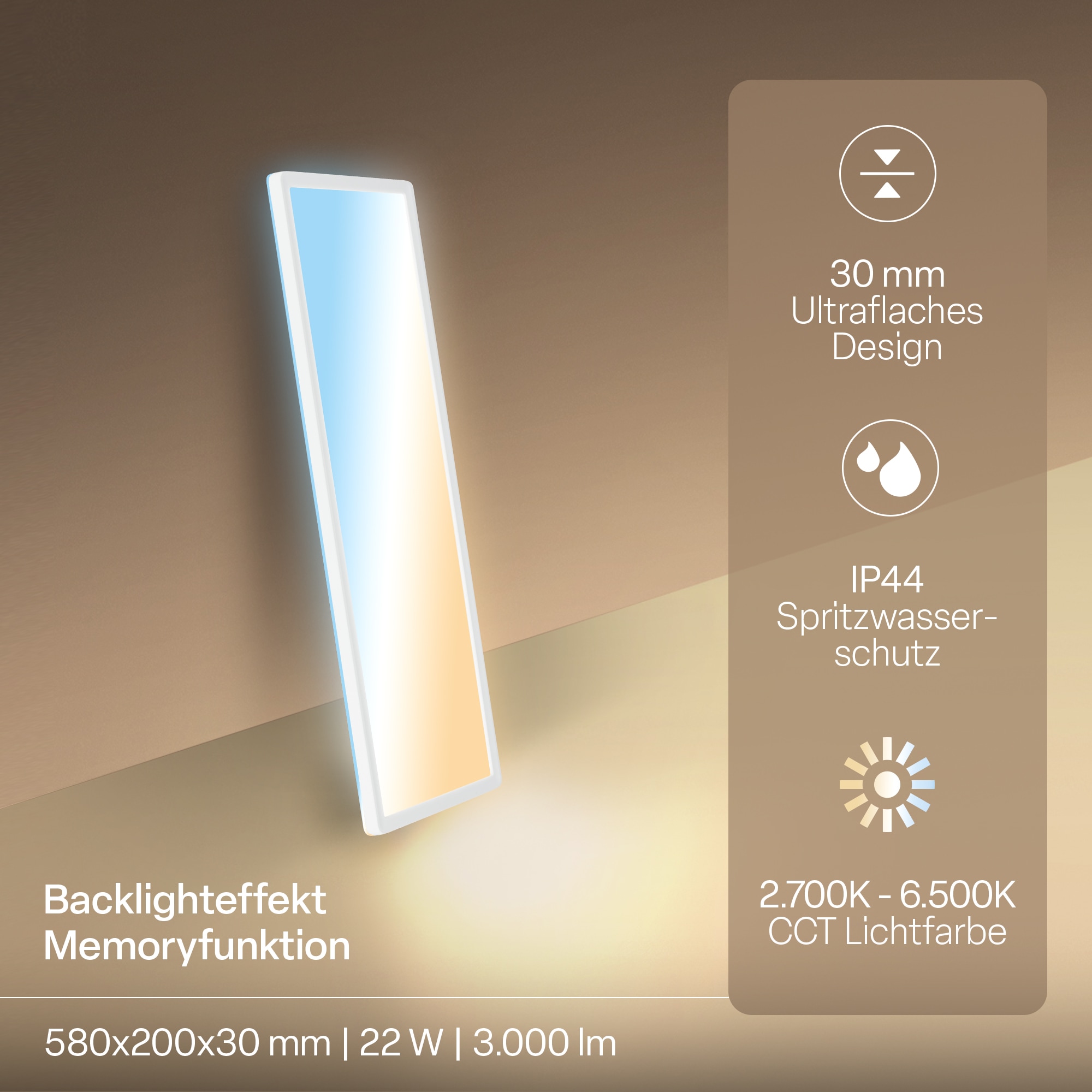 B.K.Licht LED Panel »SHALLOW« LED-Board 1 Stk. Neutralweiß 58x20x3 cm, Badlampe, Badezimmer, Küche, Wohnzimmer