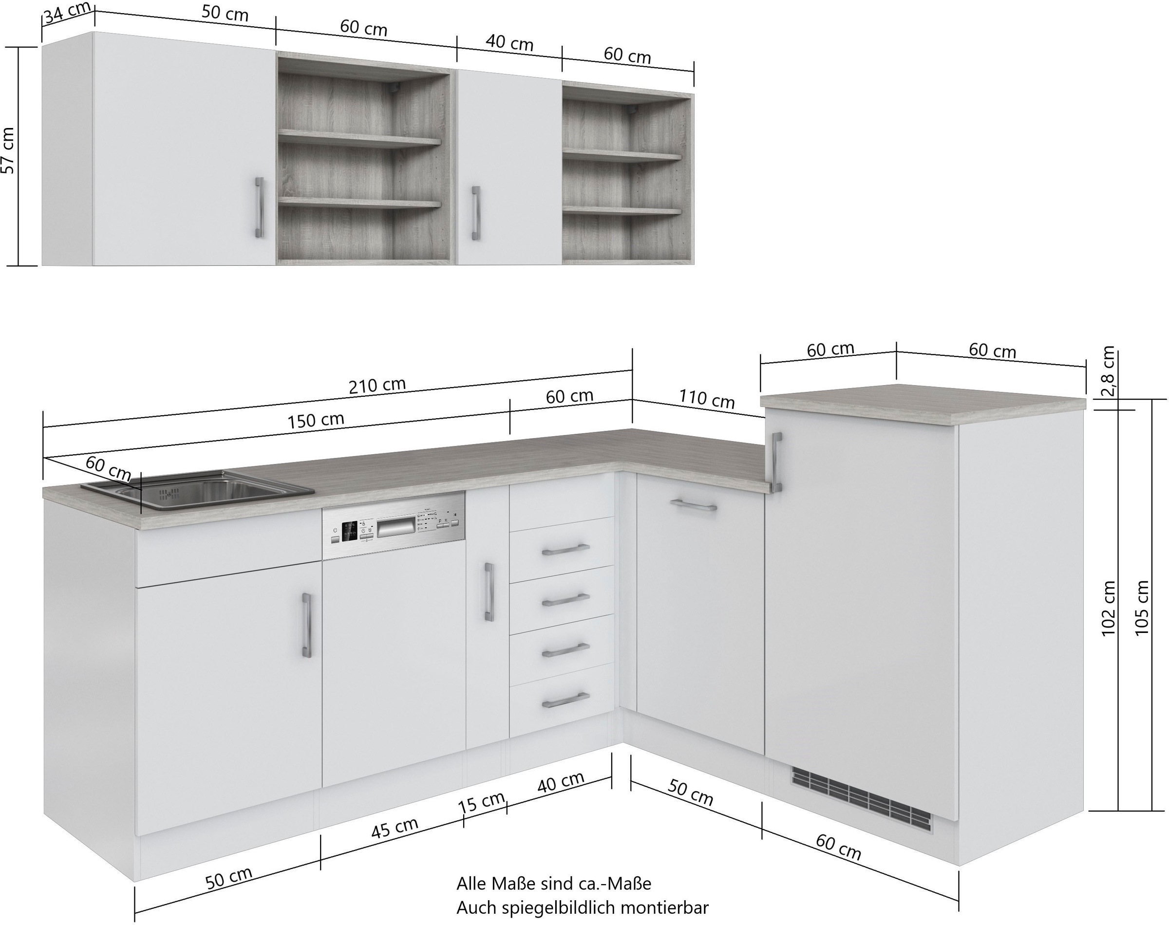 KOCHSTATION Küche »KS-Mali«, Stellbreite 210/170 cm, mit E-Geräten