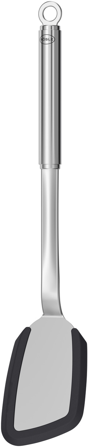 Rösle Pfannenwender mit Silikonrand, Rundgriff und Aufhängeöse, spülmaschinengeeignet in silberfarben