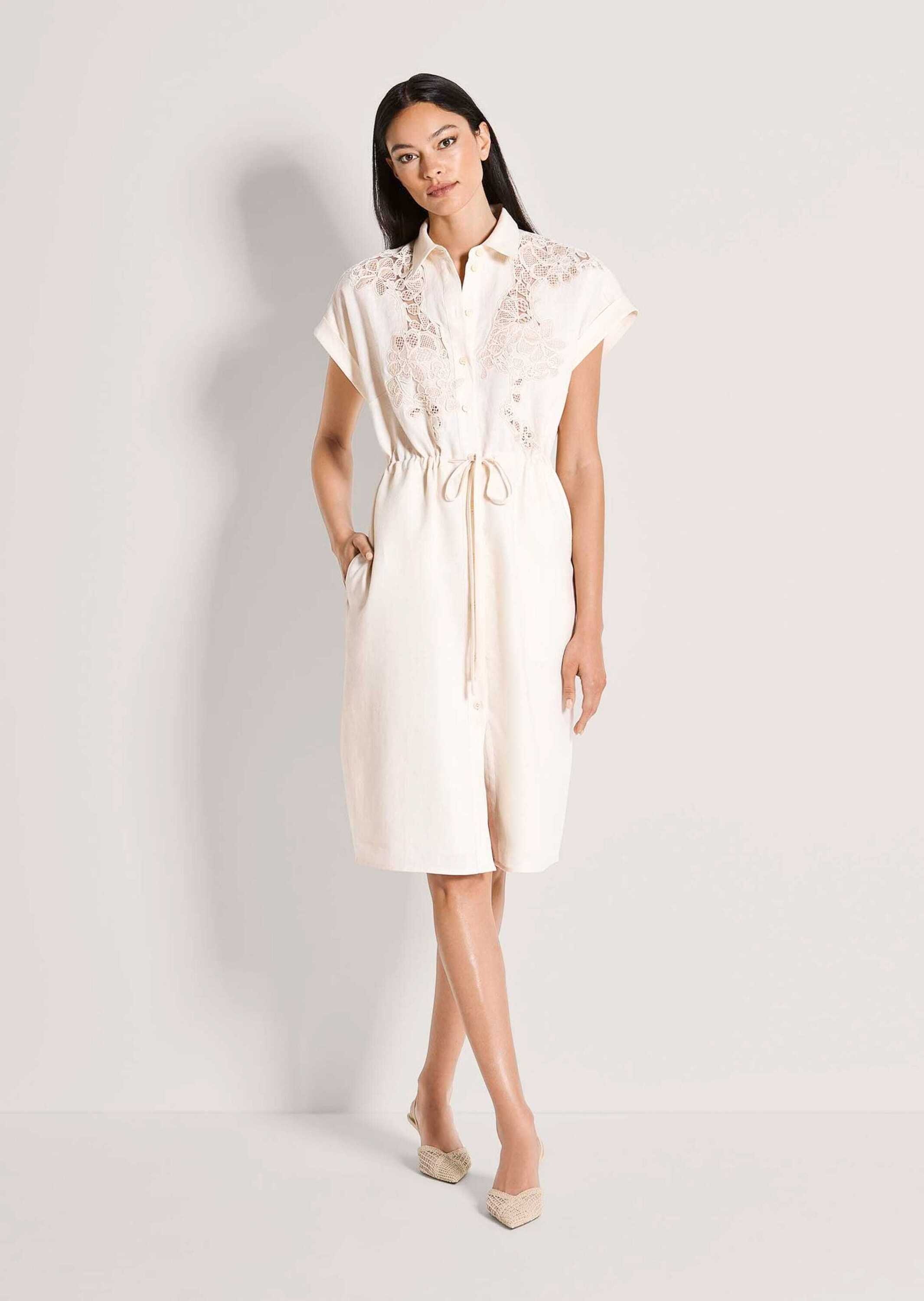 MADELEINE Sommerkleid »Hemdkleid Leinenkleid mit Spitzendetails« Nahttasche Hemdbluse mit Tunnelzug mit Bindeband in der Taillie