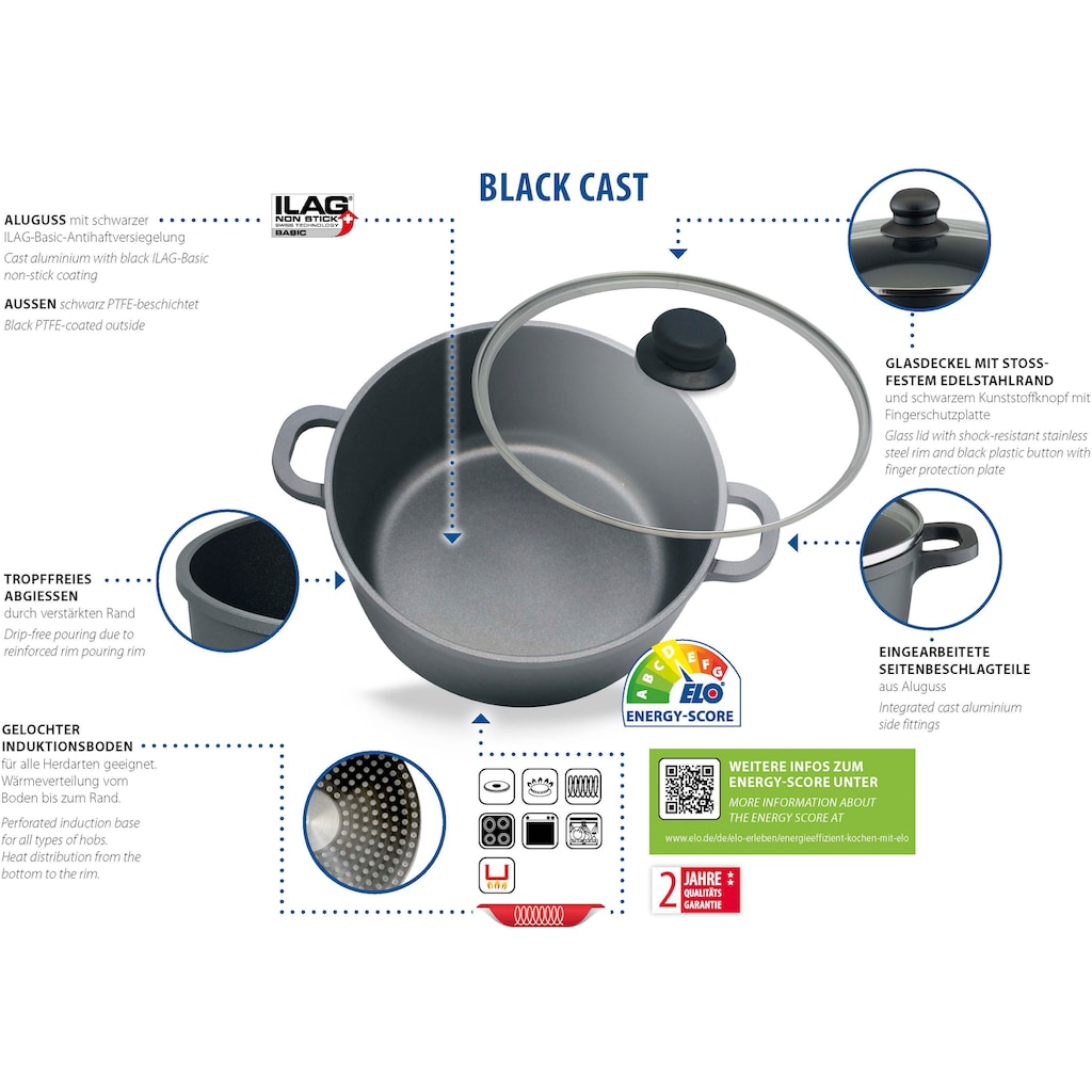 Elo Basic Topf-Set »Black Cast«, Aluminiumguss, (Set, 10 tlg., je 1 Kochtopf 16/20/24 cm, Stielkasserolle 16 cm, 2 Pfannen 24 cm)