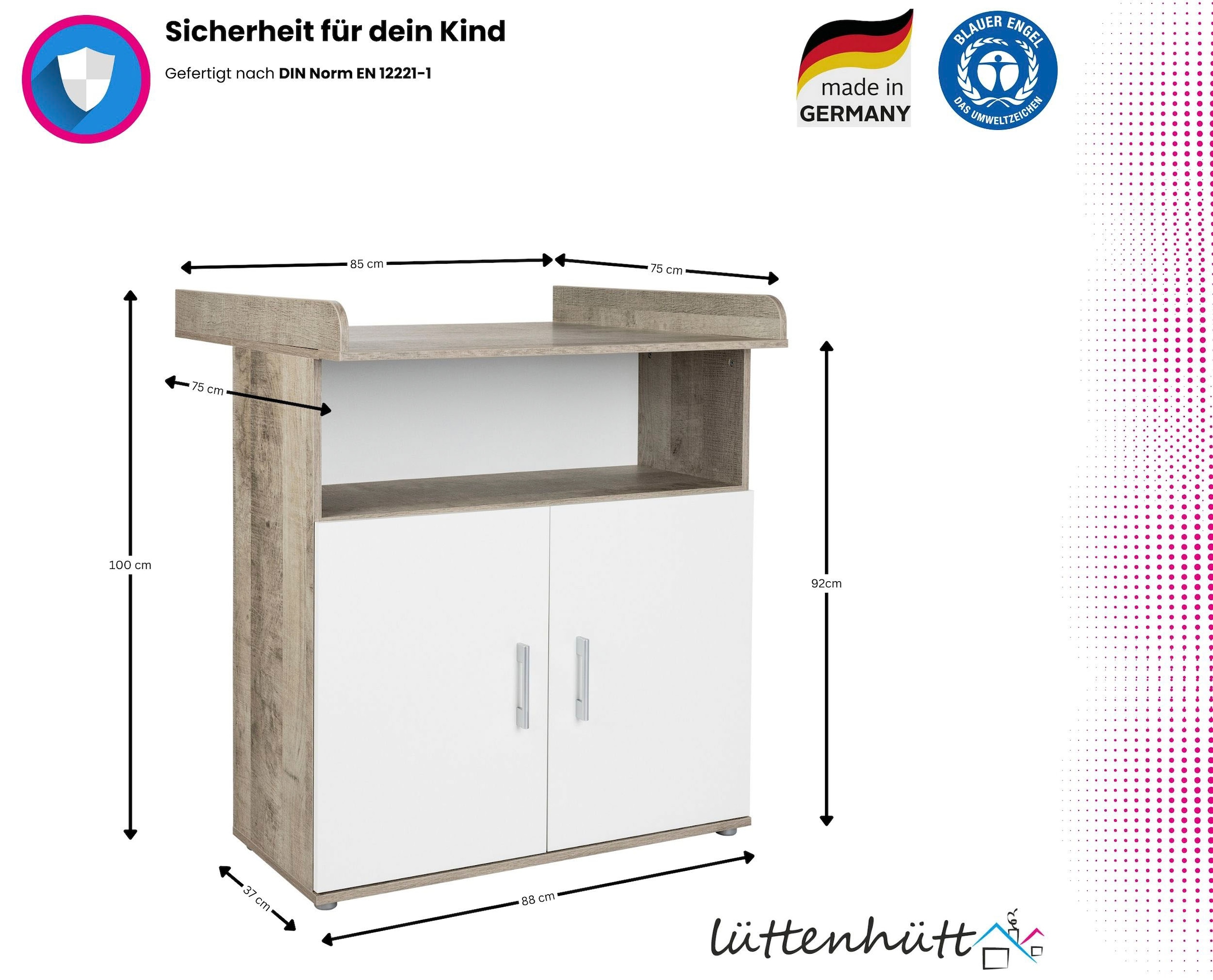Lüttenhütt Babyzimmer-Komplettset »Henning«, (Set, 5 tlg., inkl. Lattenrost), Kleiderschrank, Kinderbett, Wickelkommode, Seiten und Wickelkomm-Regal
