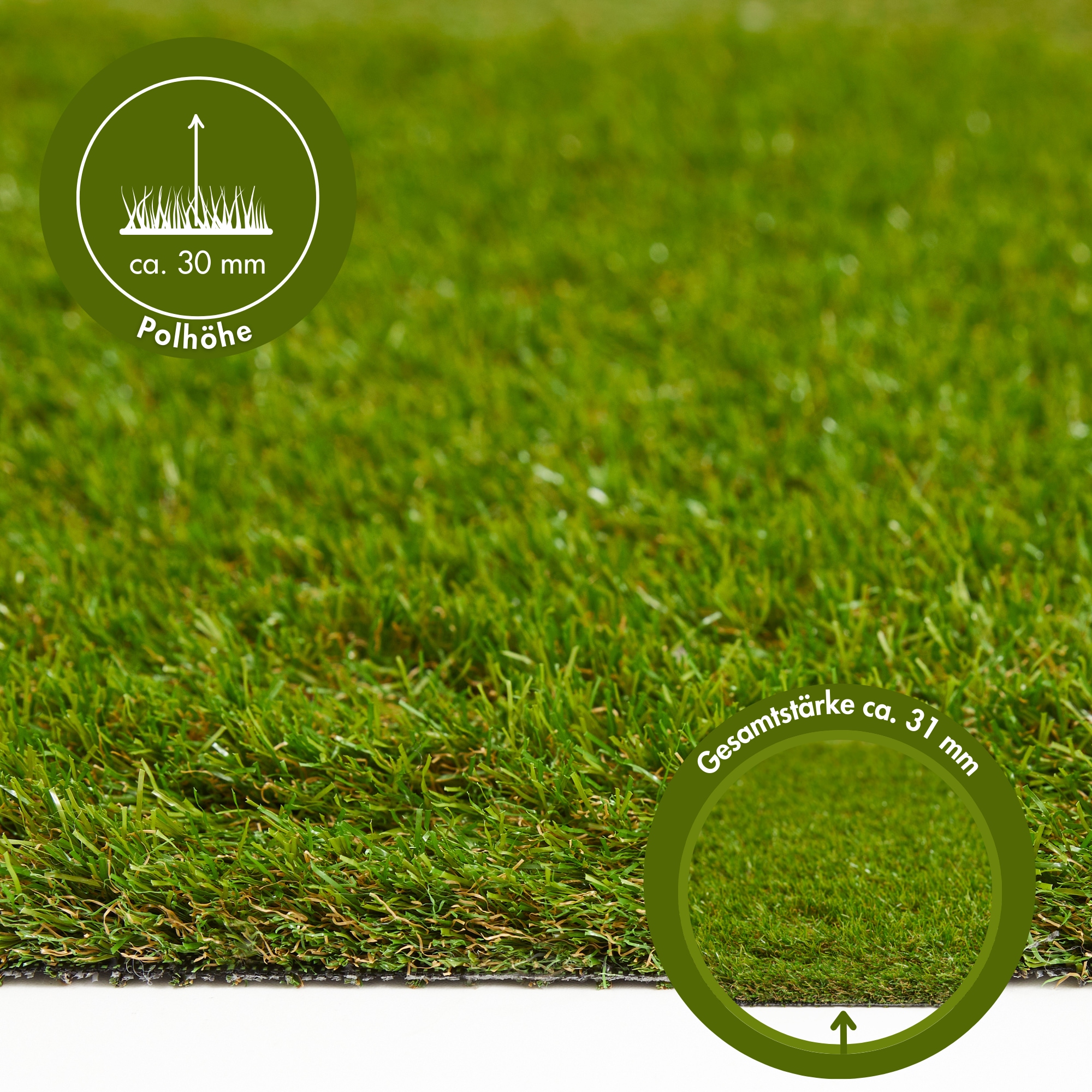 Andiamo Kunstrasen »Rasenteppich Bali, Gesamthöhe 31 mm, Made in Belgium« rechteckig realistische Optik, mit Drainagefunktion, für Balkon & Terrasse