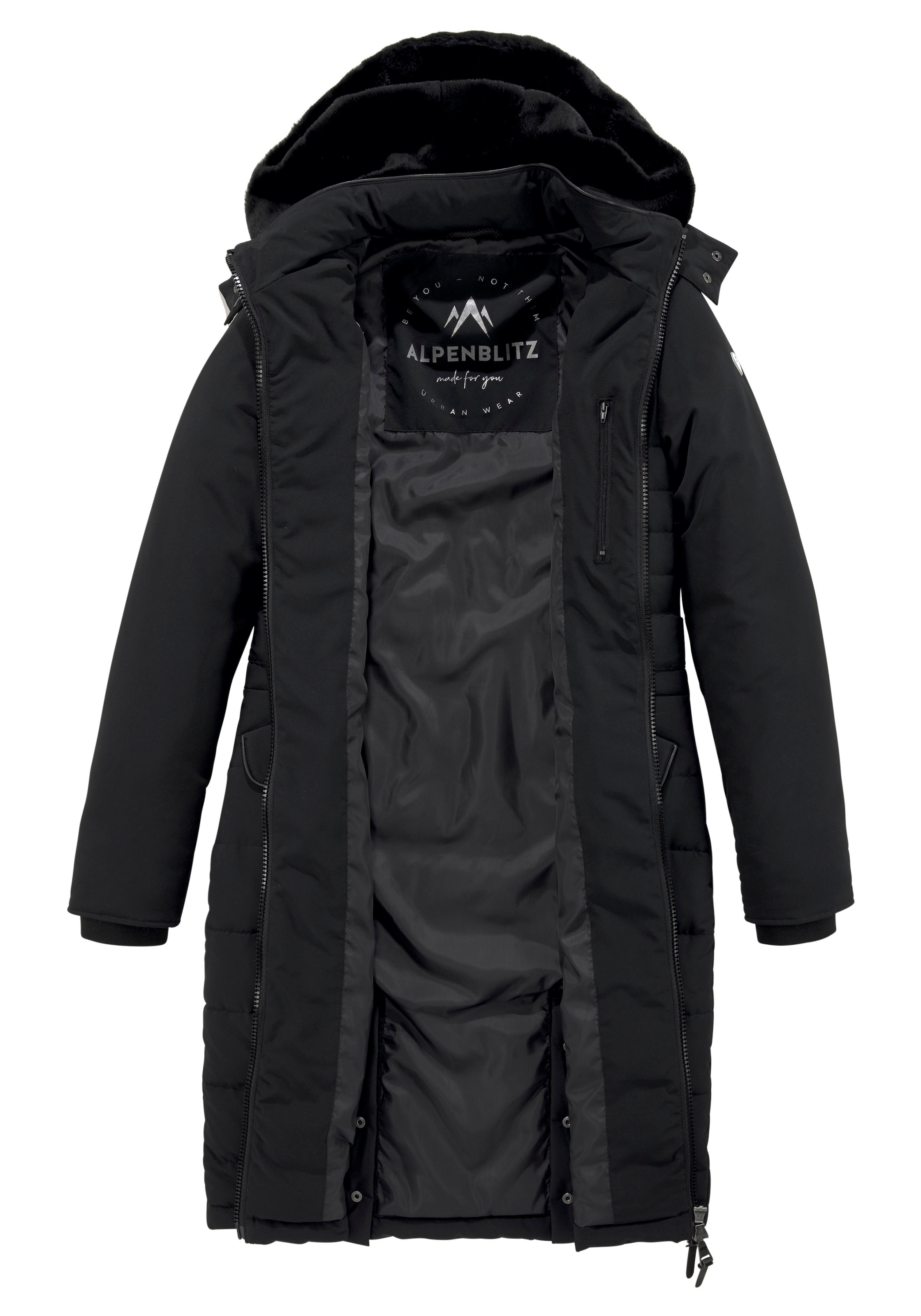 auf Markenprägung bei »Oslo dem long«, kaufen abnehmbarer Mantel mit online ALPENBLITZ Steppmantel OTTO Kuschel-Kapuze Gürtel &
