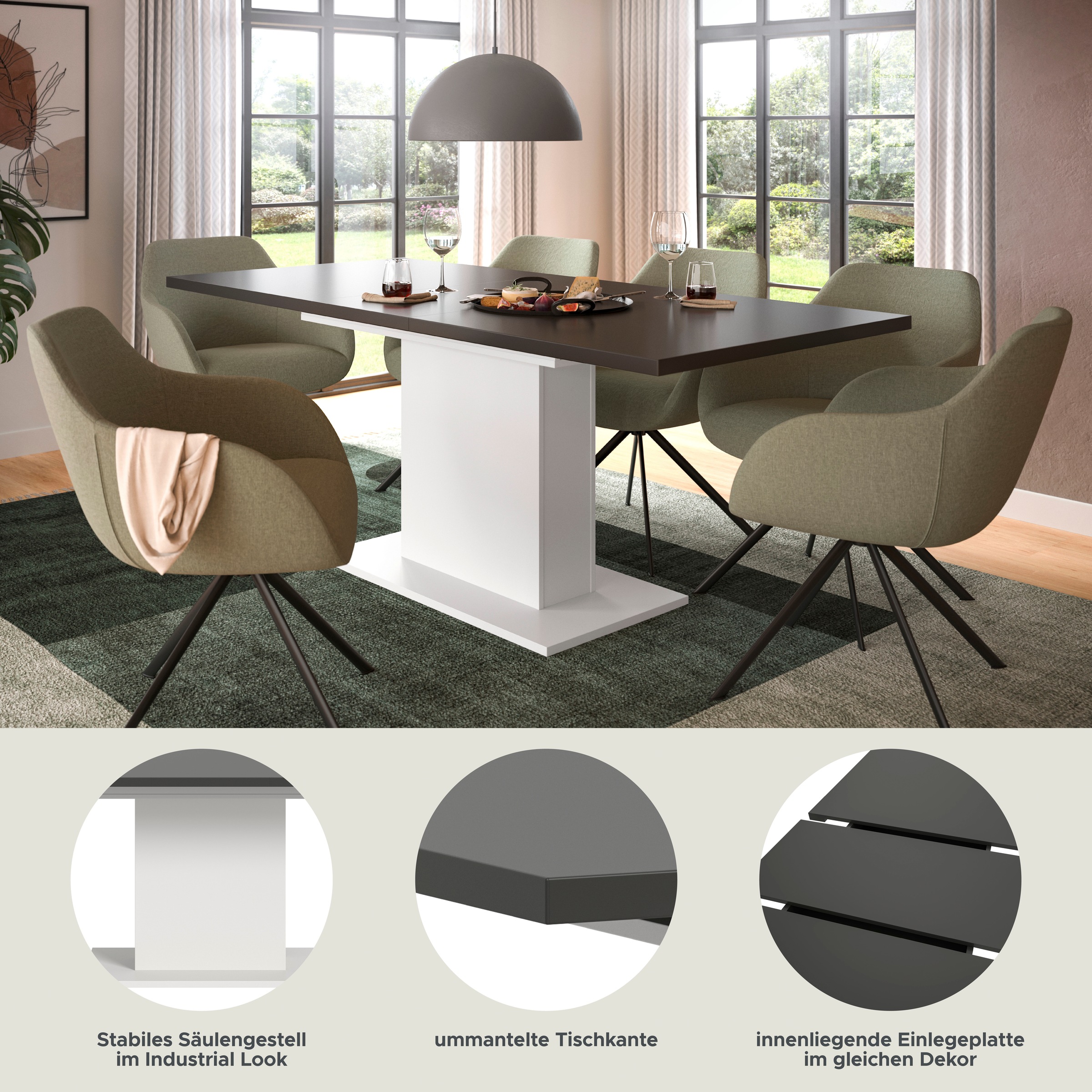 Home affaire Esstisch »Motus, ausziehbar 150 -190 cm, inklusive 40 cm Einlegeplatte« Set, 1 Stk. tlg. Säulengestell mit Bodenplatte, Tisch, Küchentisch, Esszimmer, Küche