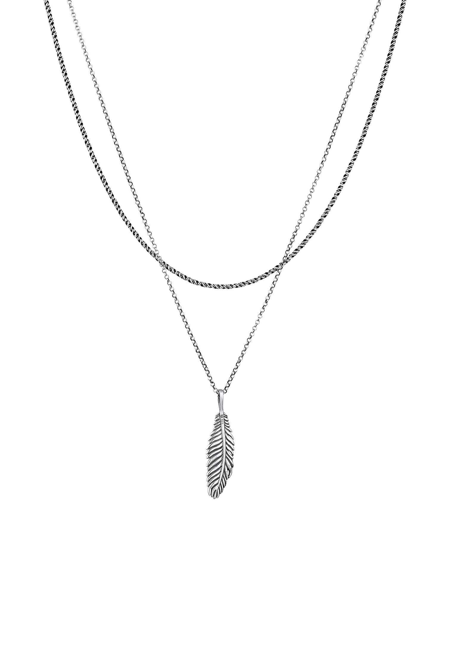 Kuzzoi Ohrring und Ketten Set »Halskette Layer mit Feder Anhänger 925 Sterling Silber Oxidiert«