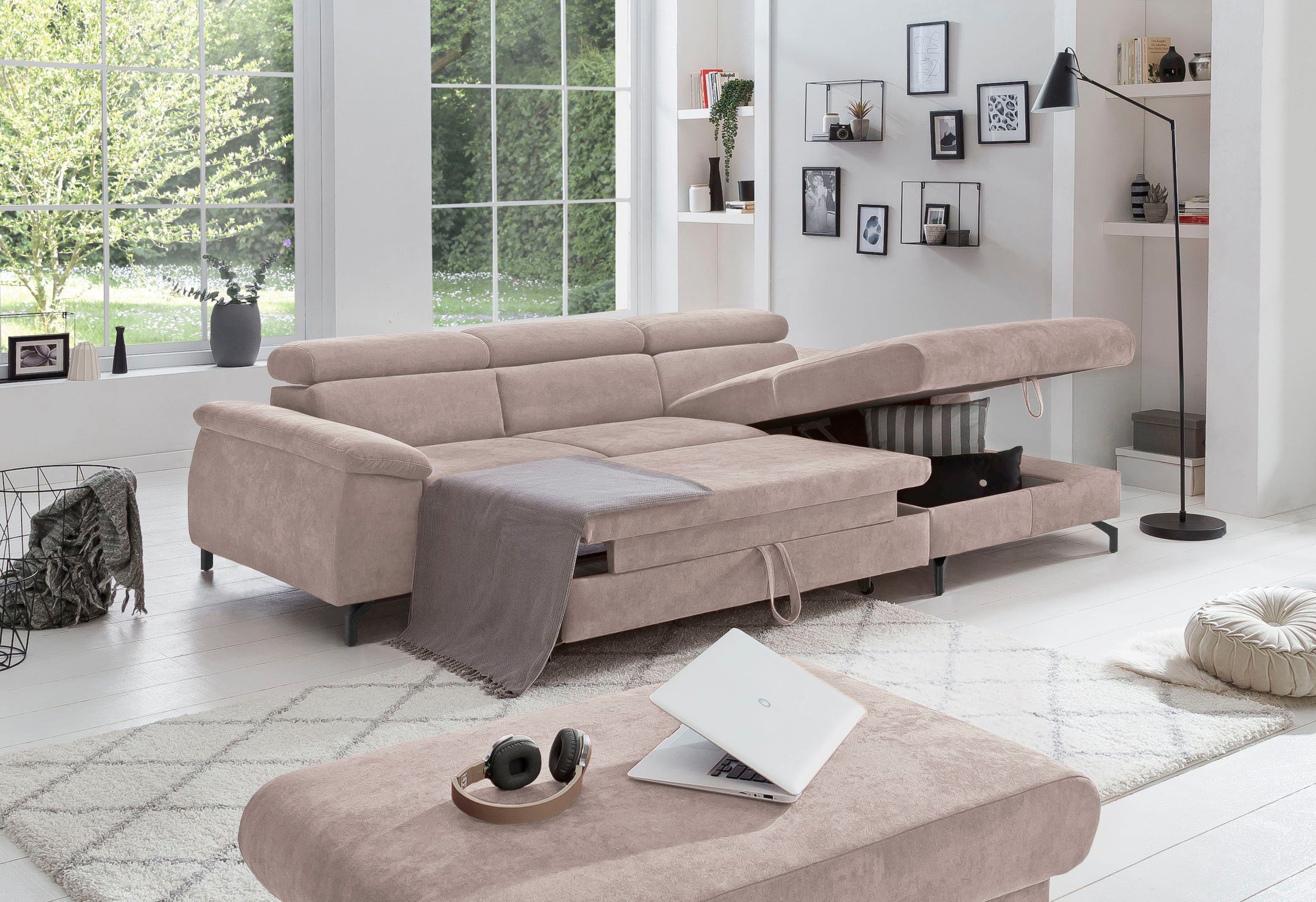 COTTA Polstergarnitur »Komaris L-Form«, (Set), Set bestehend aus: Ecksofa mit Kopfteilverstellung & Hocker