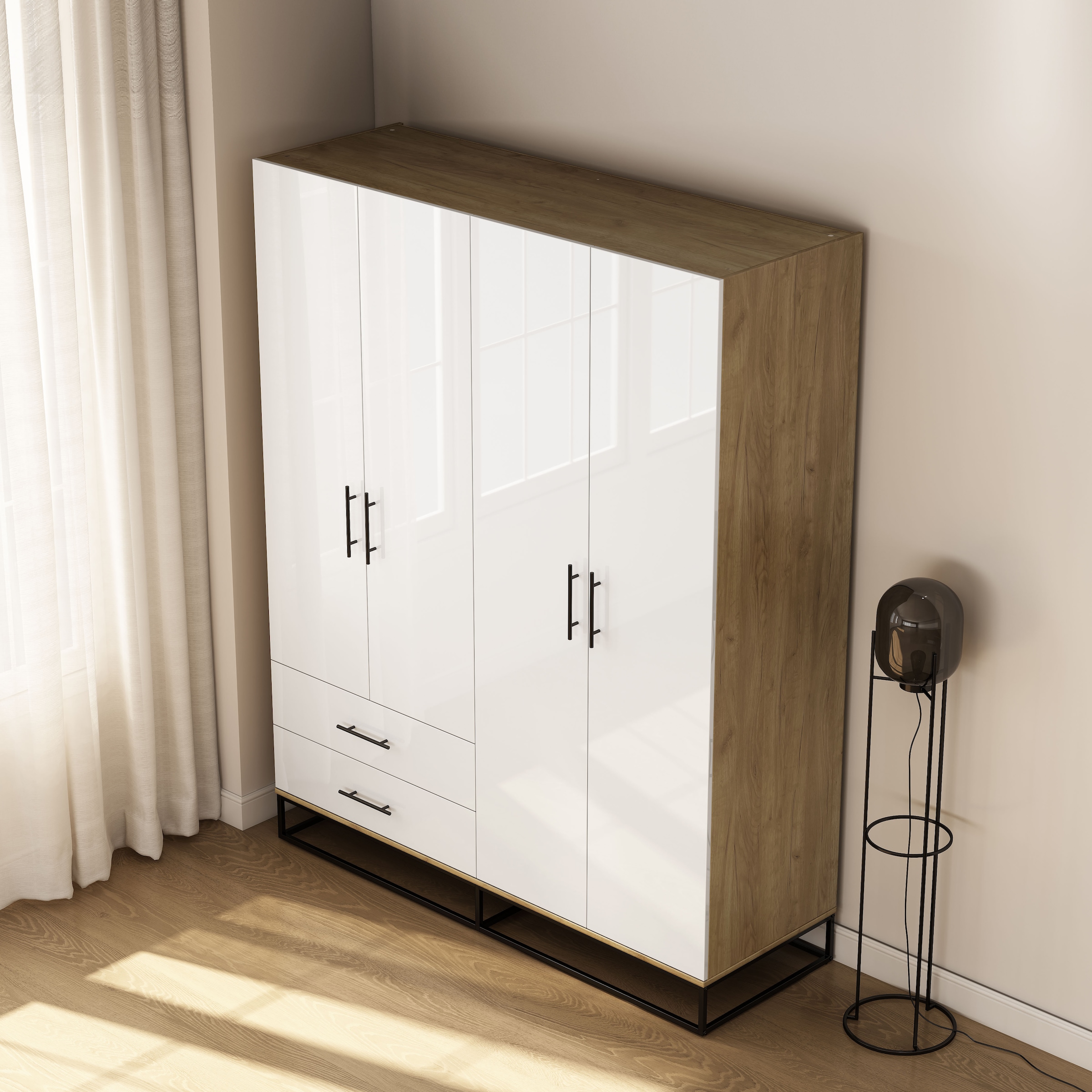 OTTO home Kleiderschrank »Lucca Schlafzimmerschrank Garderobe Hochglanz Bestseller« Schwarze Griffe und Kufengestell aus Metall,  Schlafzimmerschrank mit 4 Türen und 2 Schubladen, Breite 160cm