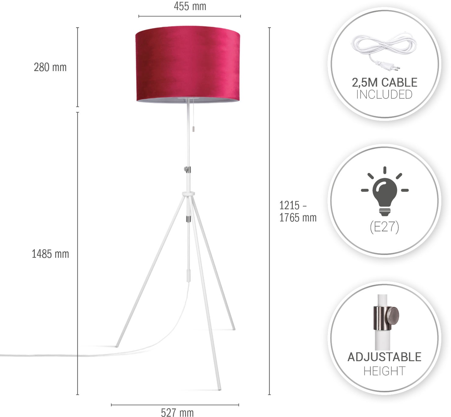 OTTO uni bis Stehlampe 176,5 Online Zugschalter Wohnzimmer Velour Shop cm Color«, im »Naomi Home Höhenverstellbar kaufen Paco 121,5