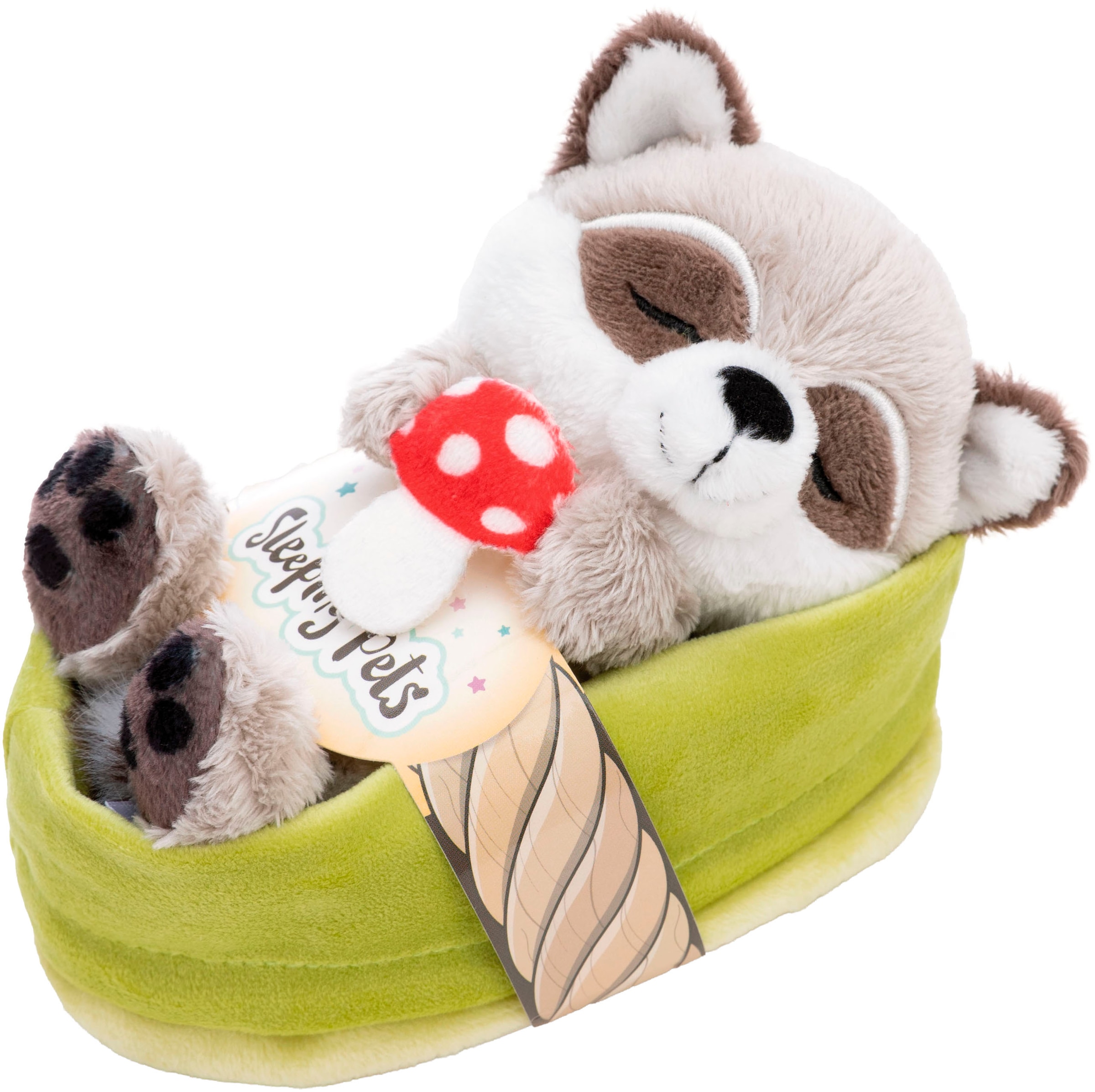 Nici Kuscheltier »Sleeping Pets, Waschbär mit Fliegenpilz schlafend im Körbchen«