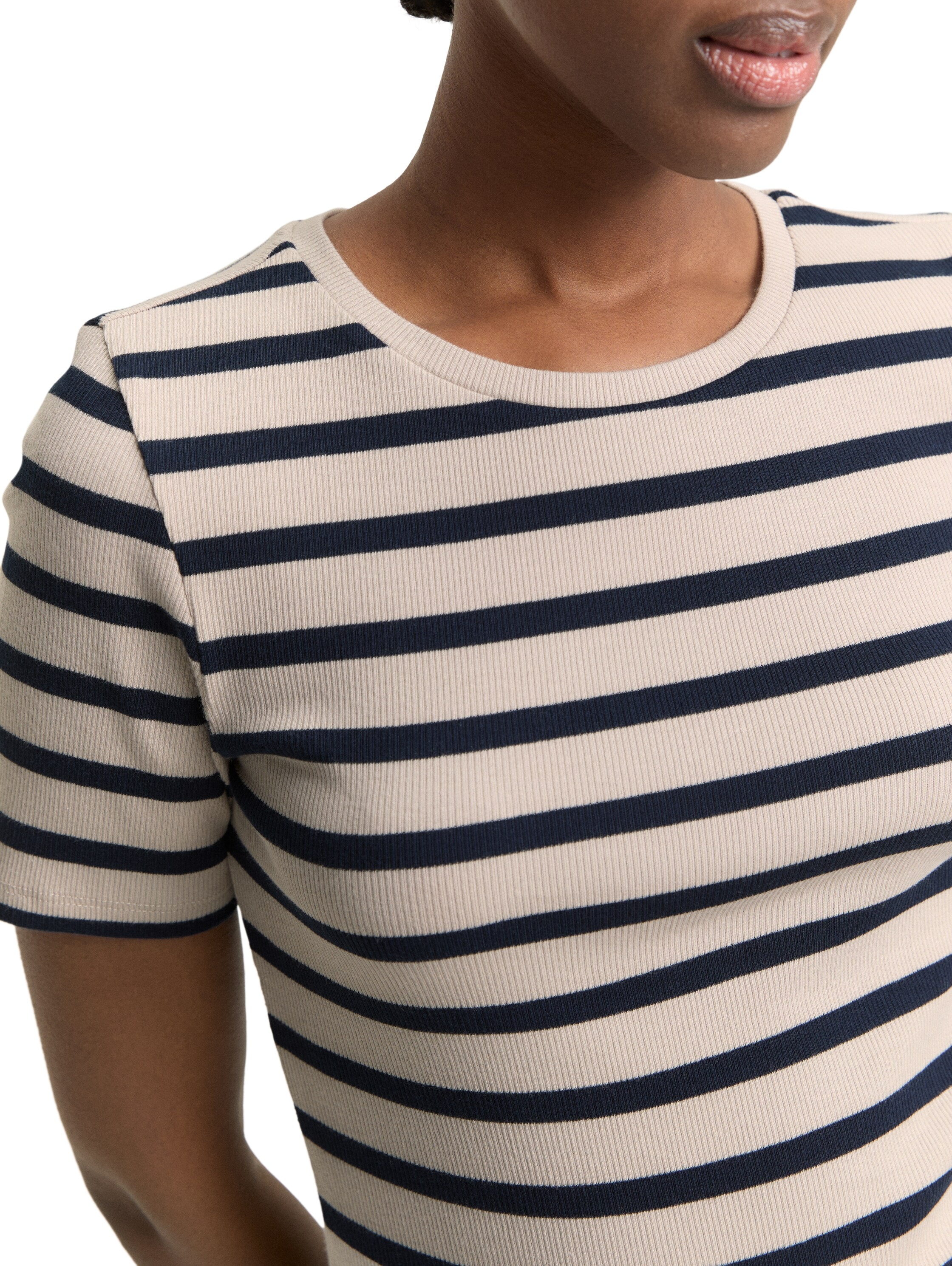 TOM TAILOR Denim Rundhalsshirt gestreift, Fein-Ripp-Optik