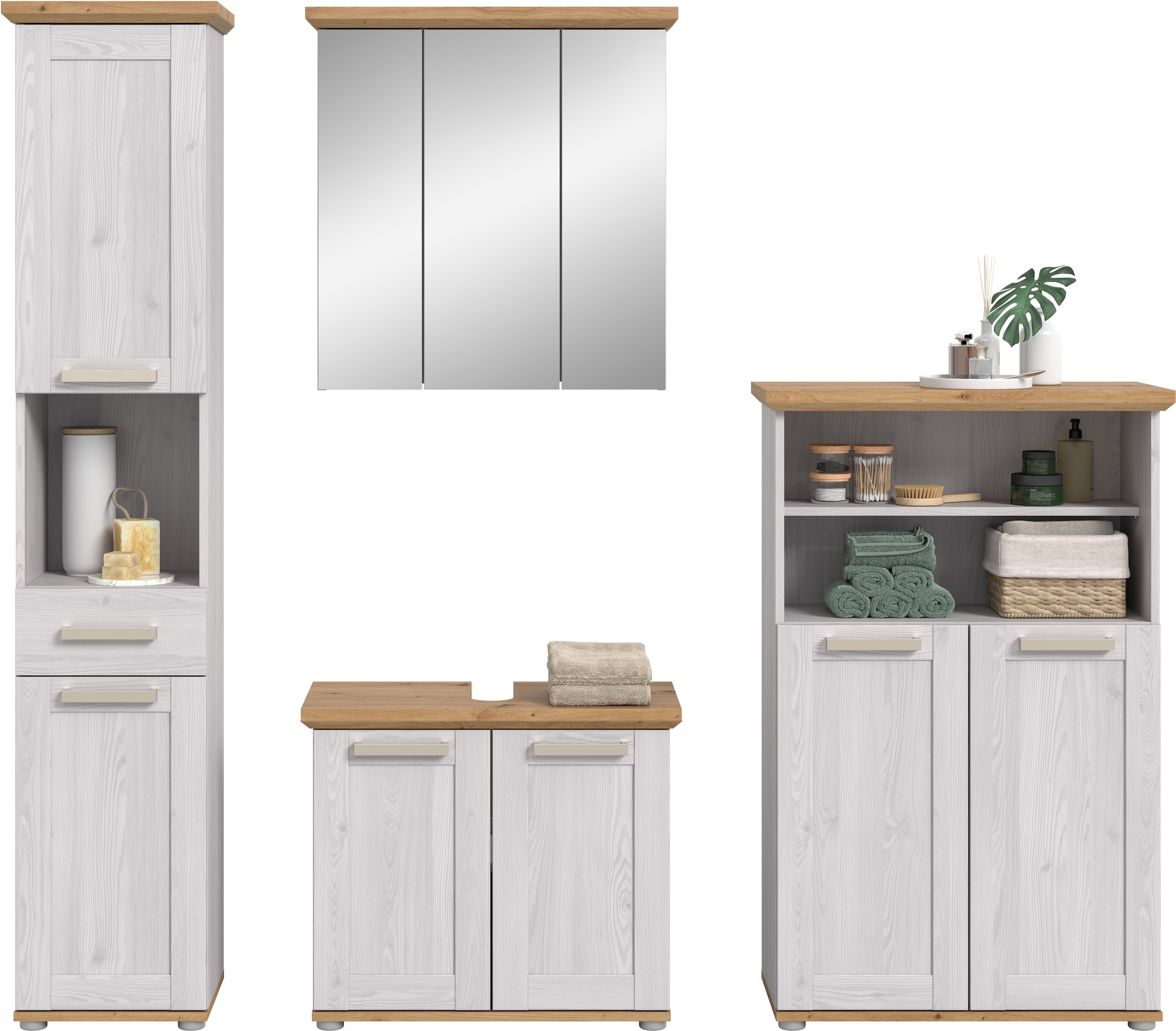 welltime Badmöbel-Set »COSENZA, 4-teilig, in Landhausoptik, mit farblich abgesetztem Kranz« best. aus: 1 Hochschrank, 1 Spiegelschrank, 1 WBU und 1 Midischrank, 4 Stk. tlg.