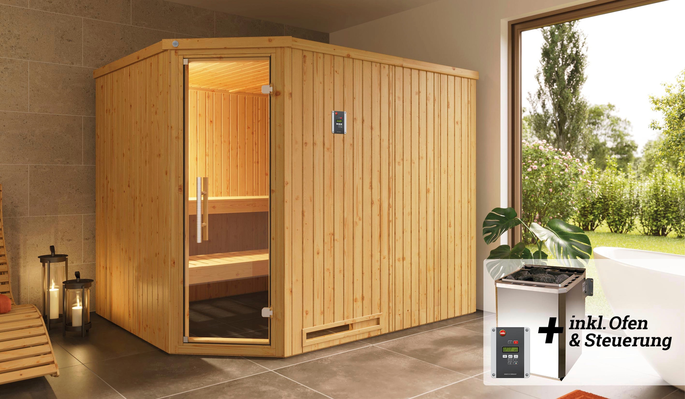 weka Sauna »Varberg« Set,  7,5 kW Bio-Ofen mit digitaler Steuerung