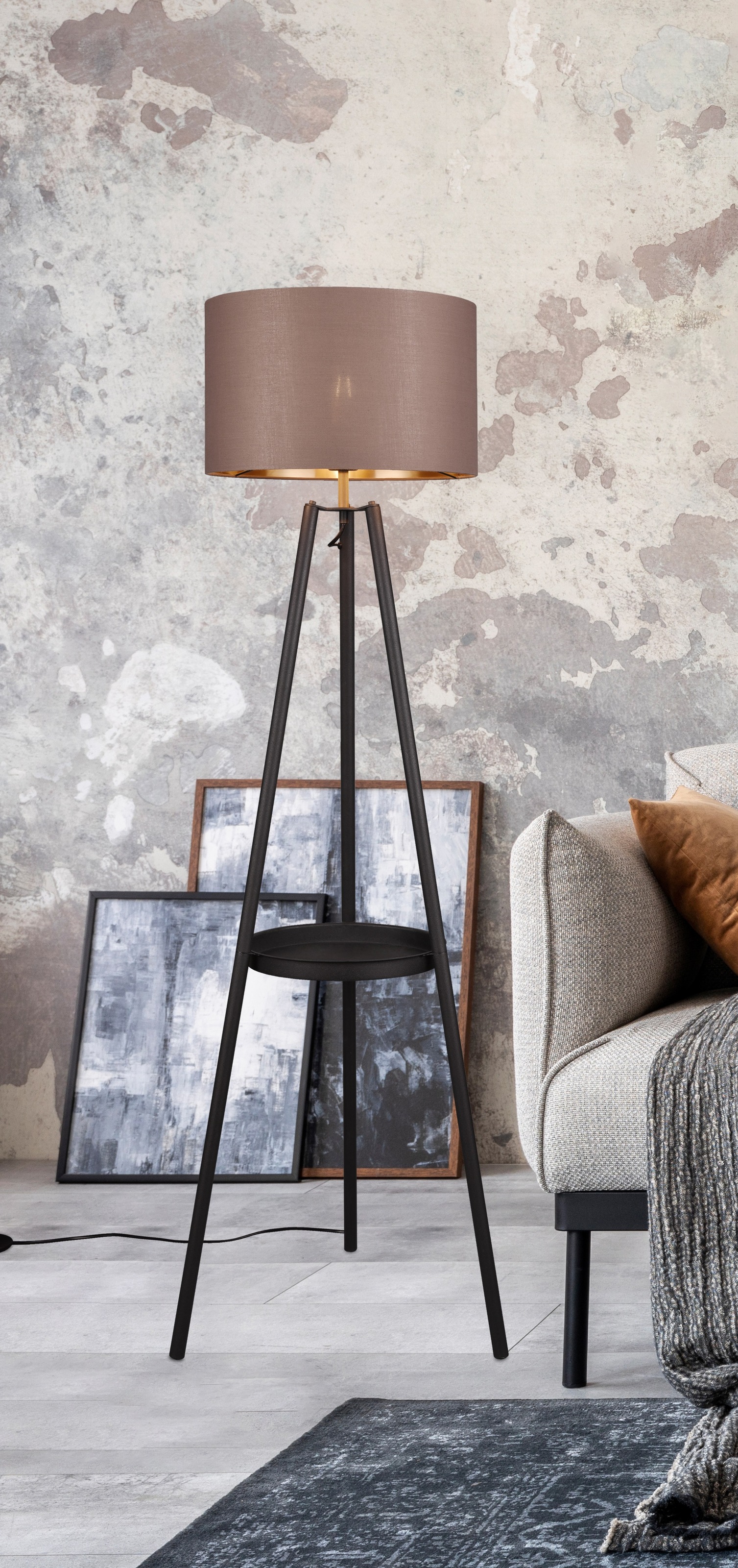 REALITY Leuchten Stehlampe »COLETTE, Stehleuchte Dreibein mit Ablagefläche exkl 1xE27 max 60W«, 1 flammig, Leuchtmittel E27 | Leuchtmittel wechselbar, Stehleuchte Ø 57cm mit Fußschalter moderne Farbkombination innen gold