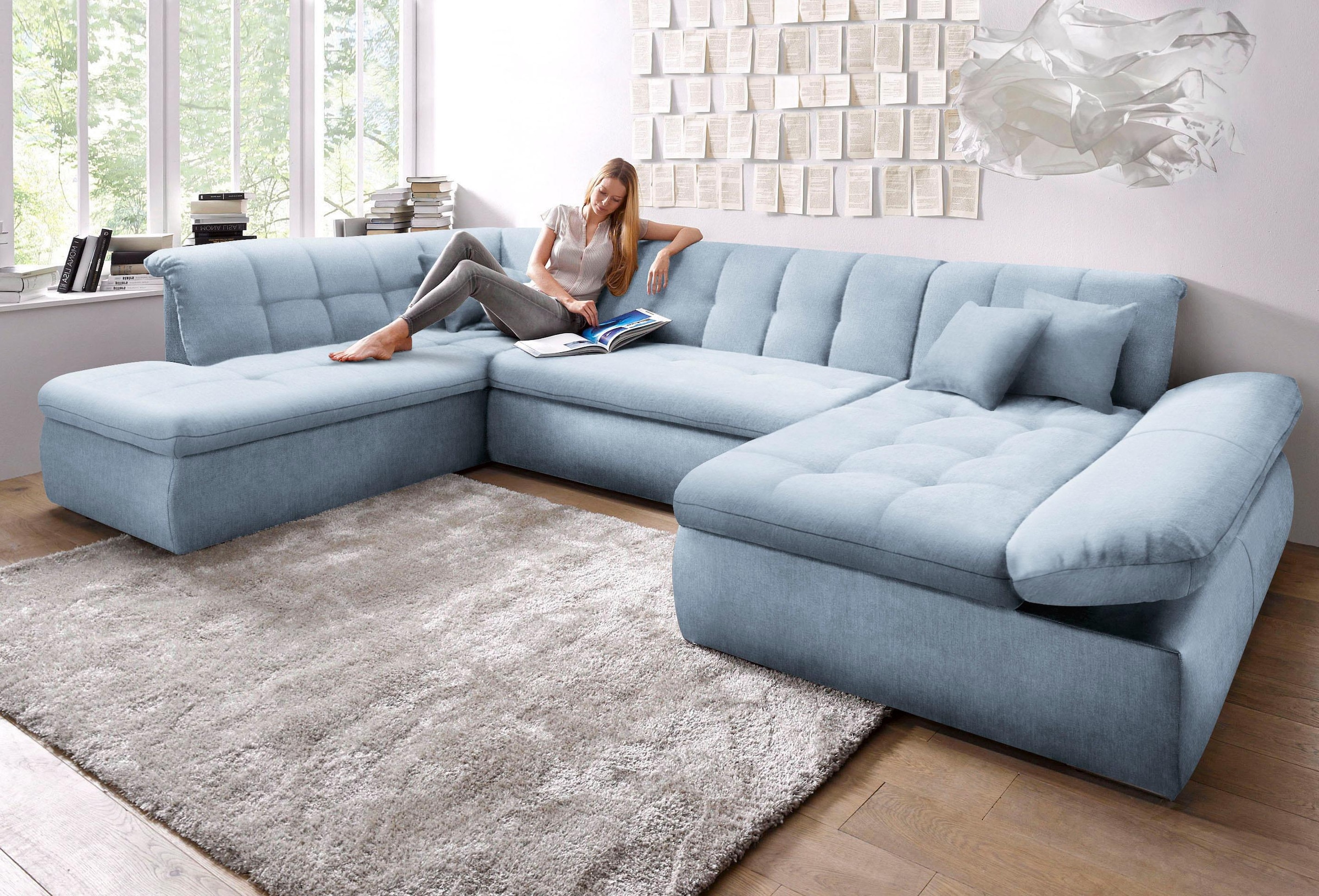 DOMO collection Wohnlandschaft »NMoric im XXL-Format, B/T/H: 353/216/80 cm, incl. Zierkissen U-Form«, wahlweise mit Bettfunktion und Armlehnenverstellung