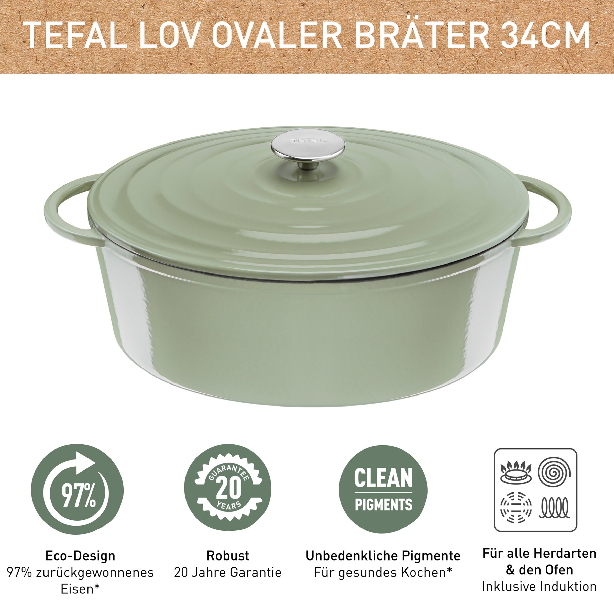 Tefal Bräter »LOV Schmortopf mit Deckel, Ø 34 cm, oval«, Gusseisen, Induktion, für alle Herdarten geeignet, inkl. E-Book