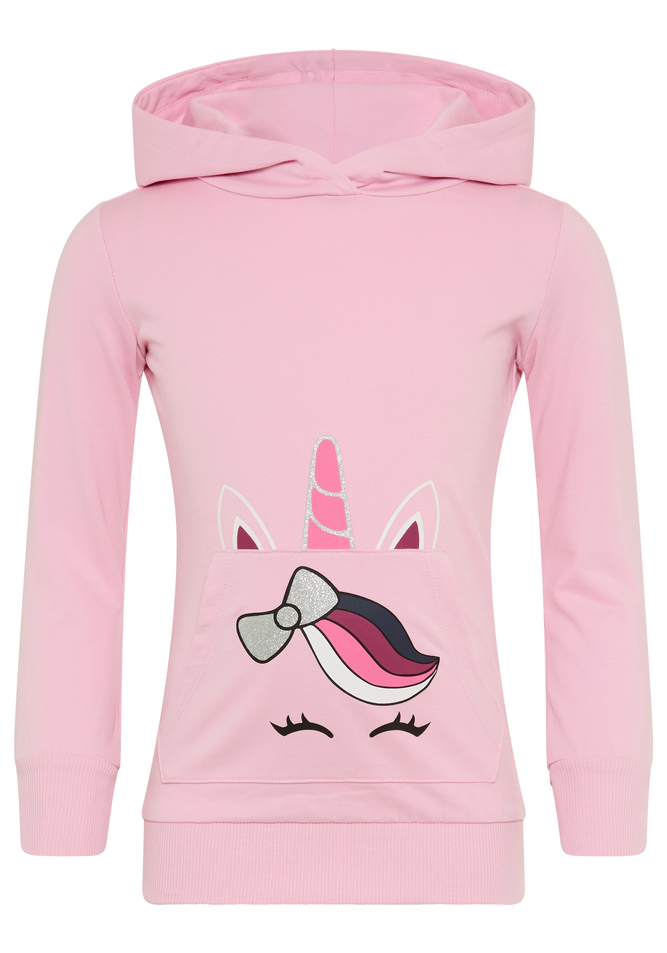 KIDSWORLD Kapuzensweatshirt », Longsweatshirt mit niedlichem Einhorn«, Langarm, Basic-Passform, bedruckt, mit Kapuze, aus Baumwolle