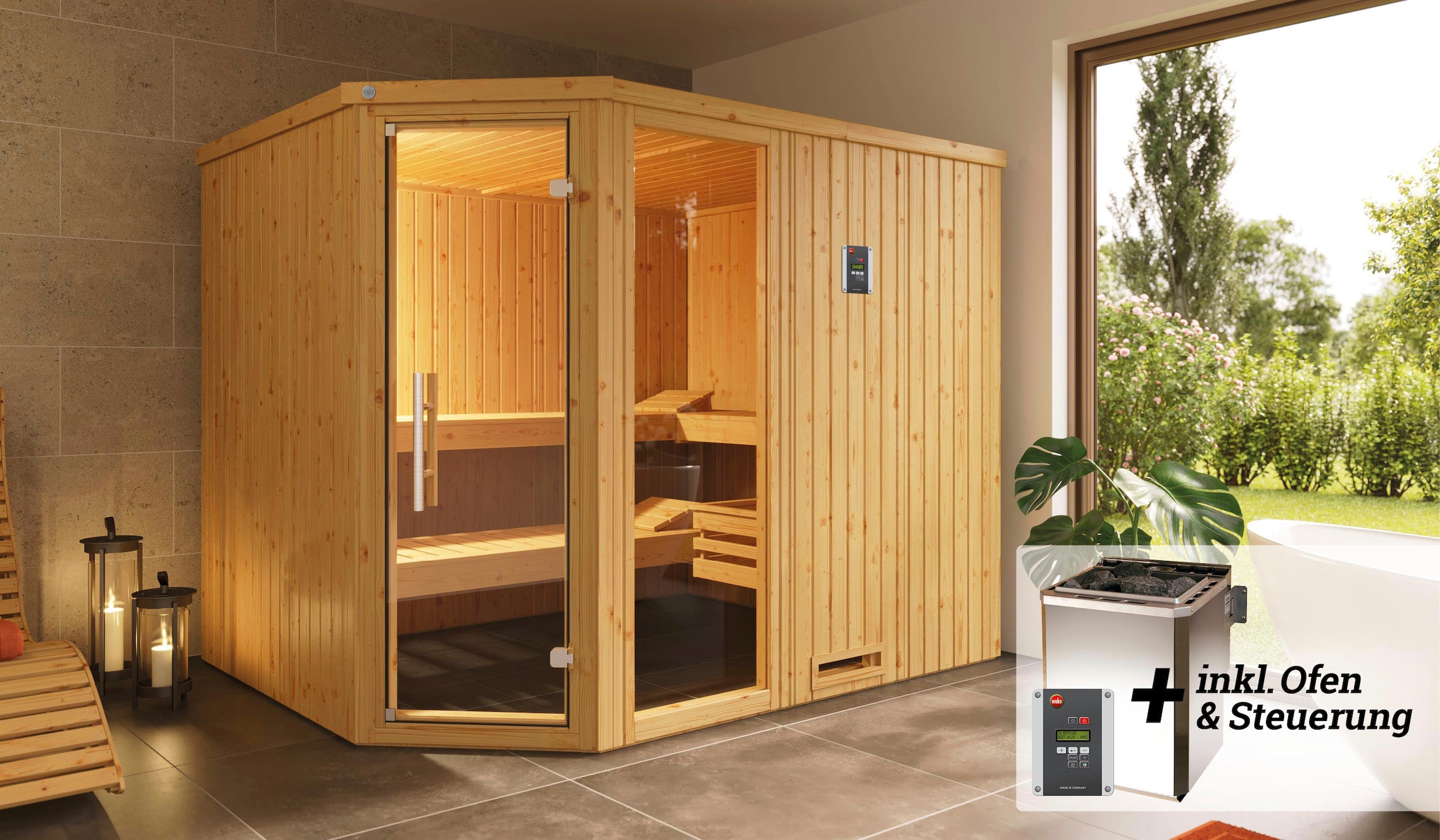 weka Sauna »Varberg« Set,  7,5 kW Bio-Ofen mit digitaler Steuerung