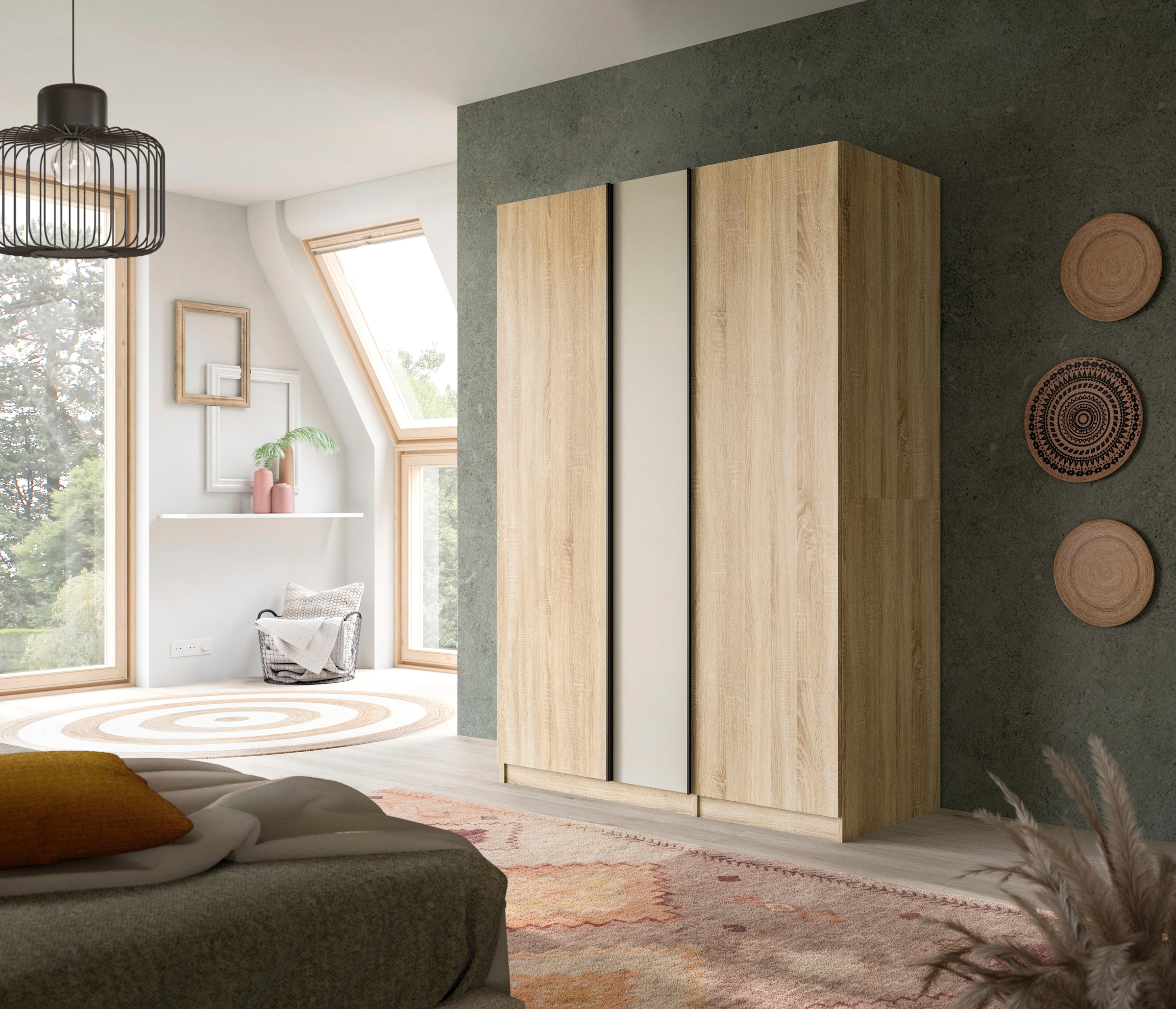 Home affaire Kleiderschrank »BENDINGO, TOPSELLER!, Schlafzimmerschrank, Schrank, Garderobenschrank«, (OTTO BESTSELLER, Garderobe & Schlafzimmer), Breite 130cm, Eiche NB, 3-türig, 2 Kleiderstangen und 2 Ablageböden