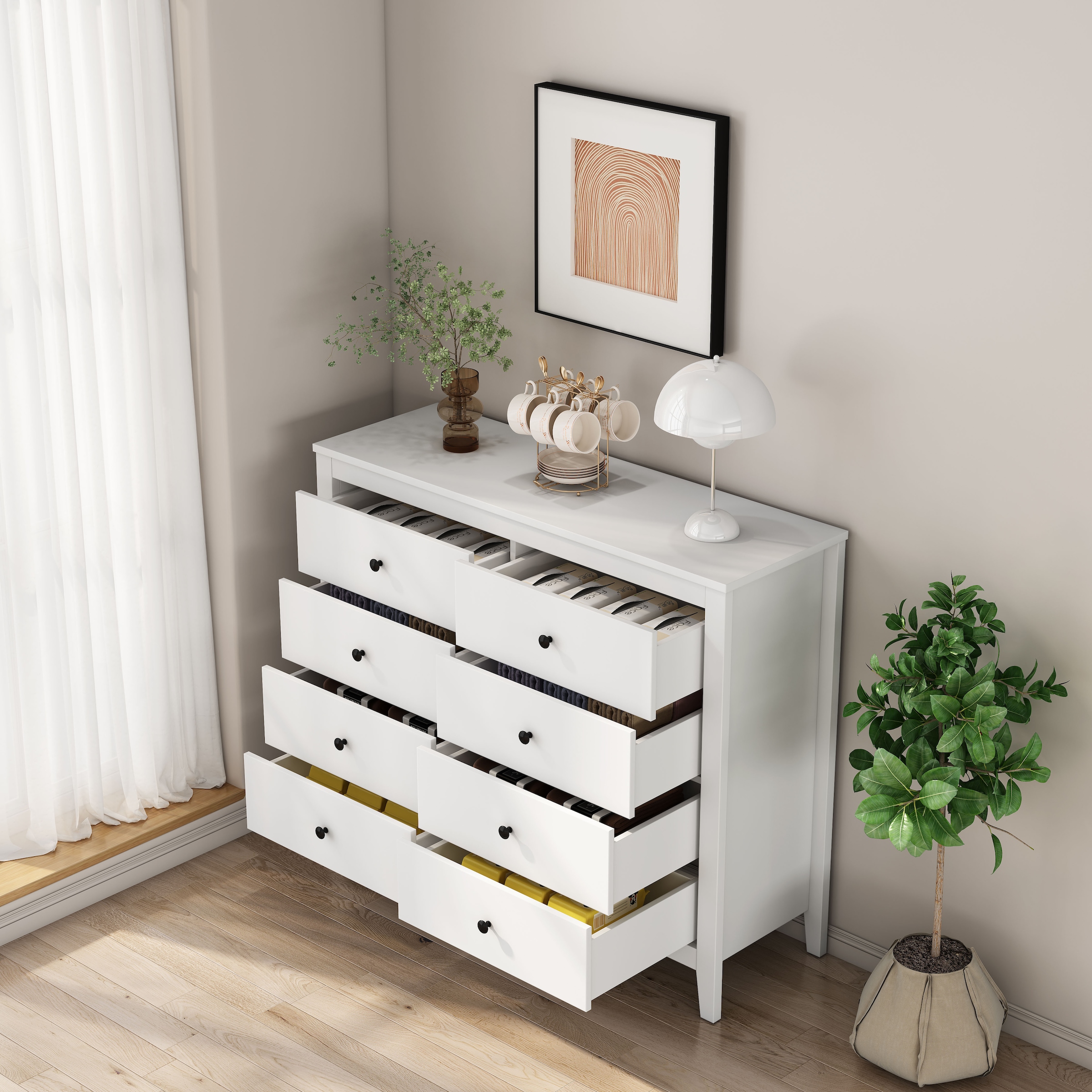 OTTO home Schubkastenkommode »Borkum Sideboard mit 8 Schubladen Bestseller Landhaus weiß« schwarze Griffe aus Metall, 