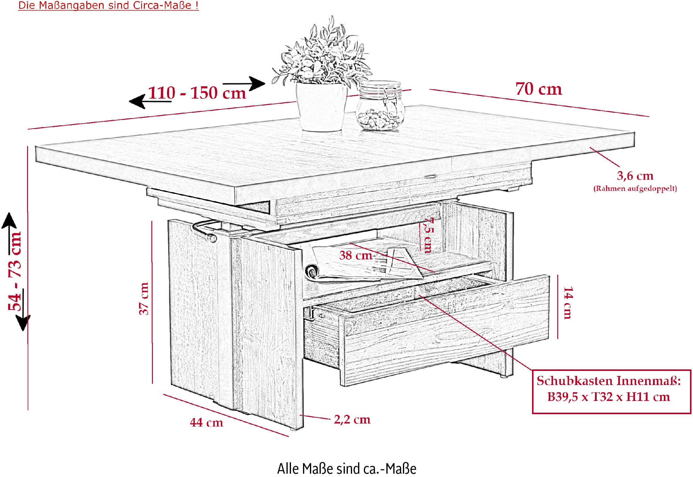 HELA Couchtisch »Noah«, ausziehbar und höhenverstellbar, mit Schubkasten, vintage look