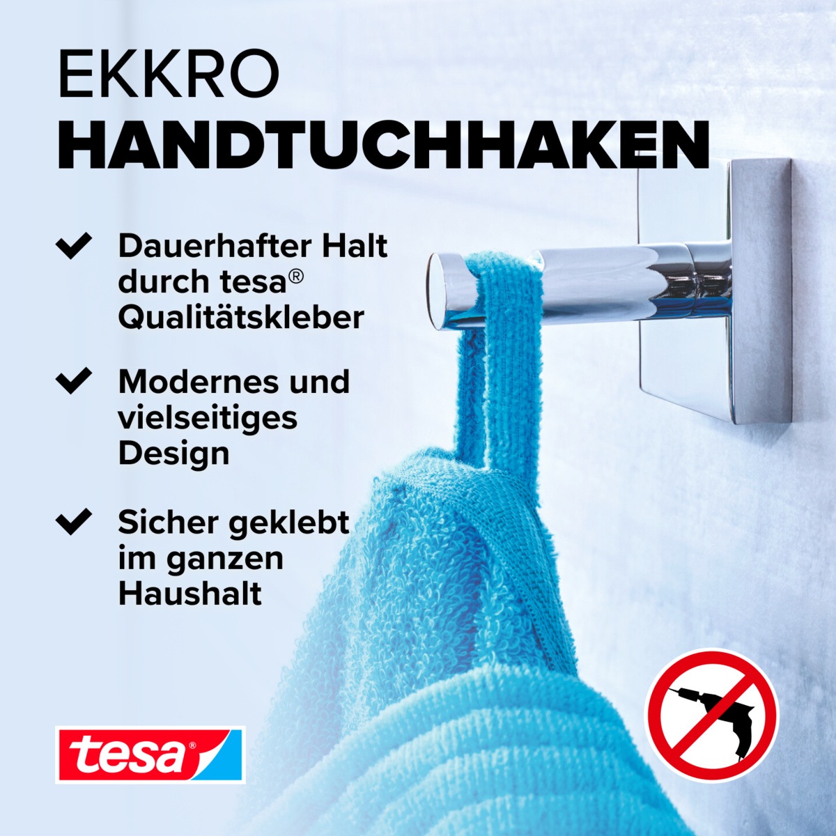 tesa Klebehaken »EKKRO Bademantelhaken Chrom« Handtuchhalterung selbstklebend & ohne Bohren - silber glänzend