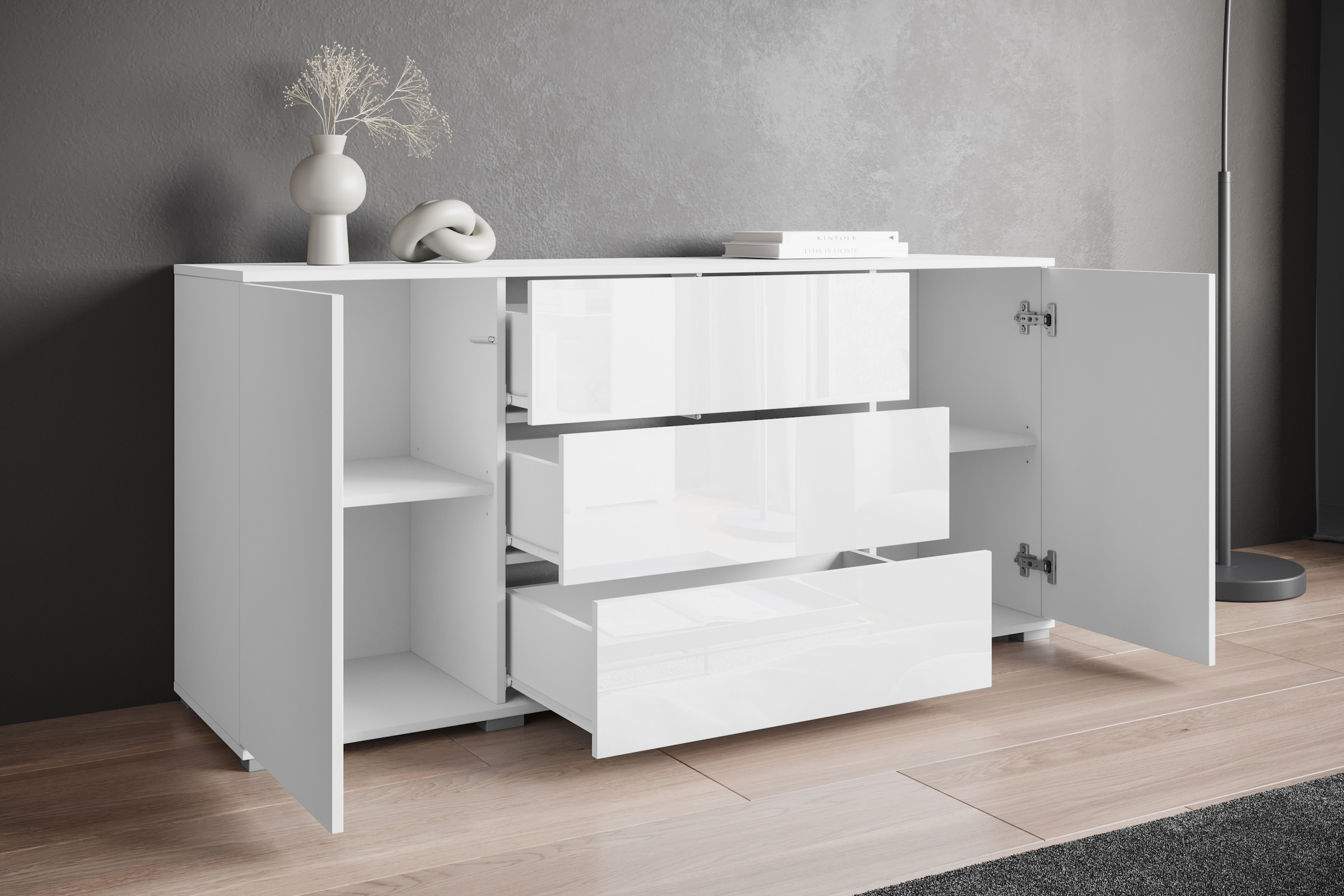 INOSIGN Sideboard »Kenia, Kommode für das Schlafzimmer/Wohnzimmer«, (1 St.), Modernes Sideboard mit 3 Schubladen und 4 Fächern, Breite 150 cm