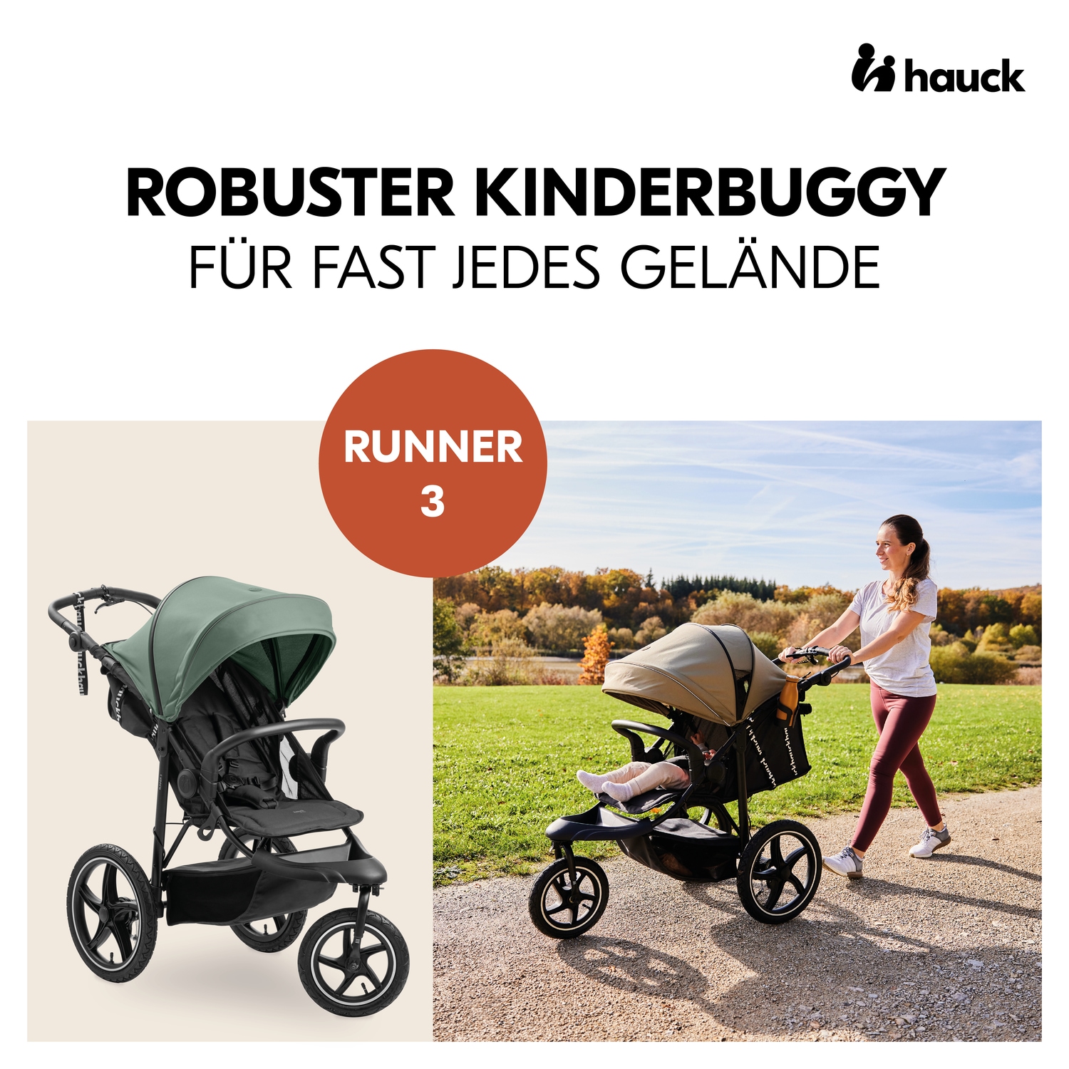 Hauck Dreirad-Kinderwagen »Runner 3, Jungle Green«, 22 kg, mit XXL-Lufträdern u. Handbremse; bis 22 kg belastbar