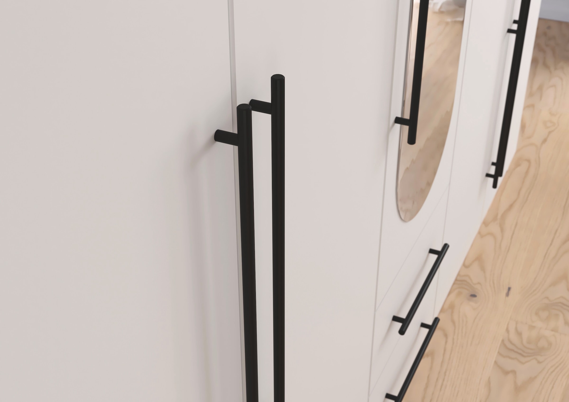 OTTO home Kleiderschrank »Schlafzimmer Schrank Garderobe RONDO Breiten 136/181/226/271 cm« 3 verschiedene Ausstattungen BASIC/CLASSIC/PREMIUM (inkl. SOFT-CLOSE),  elegante ovale Spiegelelemente Metallgriffe in Schwarz MADE IN GERMANY