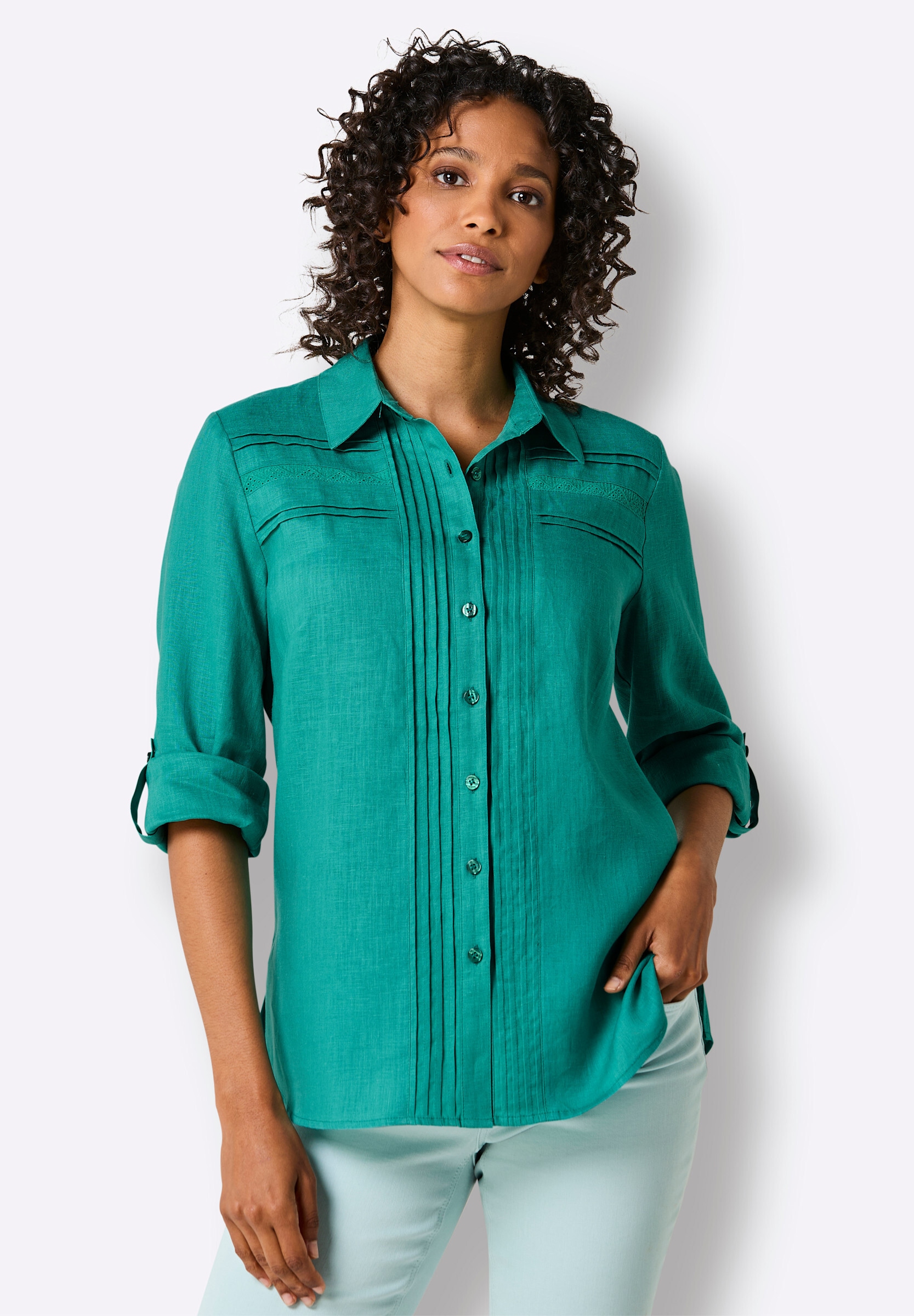 creation L Hemdbluse »Leinen-Bluse Leinenbluse mit Spitze und Biesen«