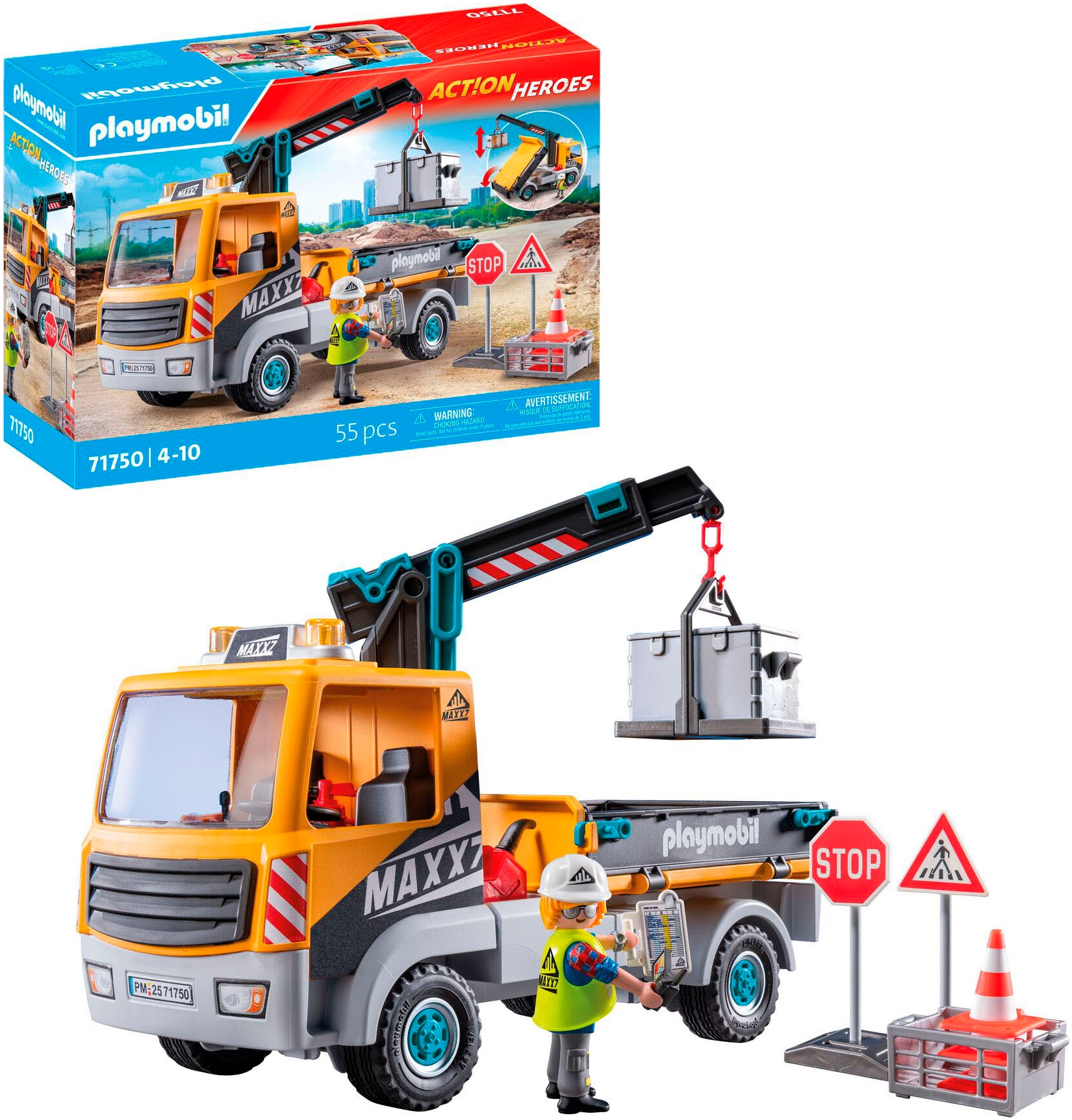 Playmobil® Konstruktions-Spielset »Baustellen-LKW mit Kran (71750), Playmobil Action Heroes«, (55 St.)