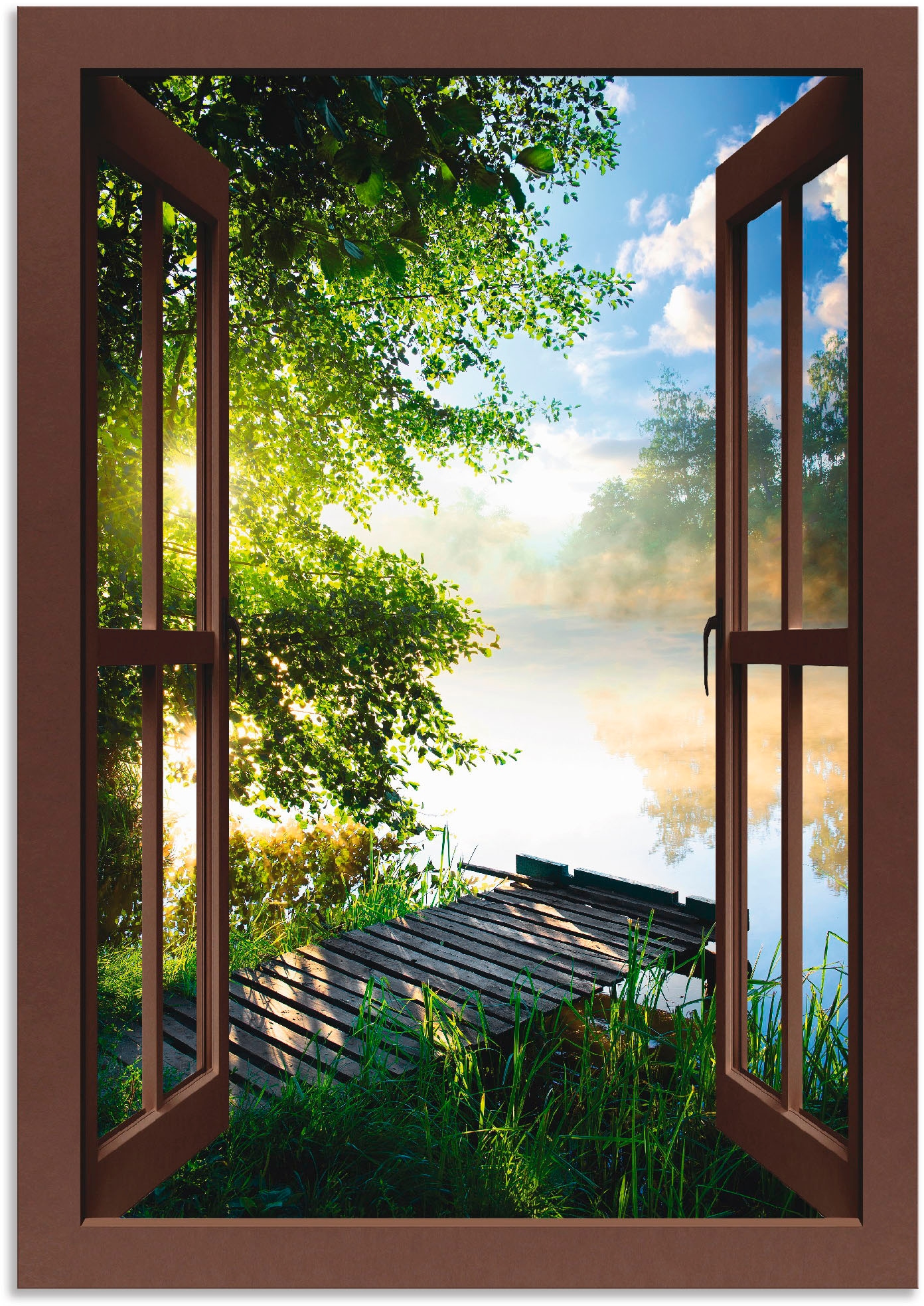 Artland Wandbild »Fensterblick Angelsteg am Fluss«, Fensterblick, (1 St.),  als Alubild, Leinwandbild, Wandaufkleber oder Poster in versch. Größen  online bei OTTO