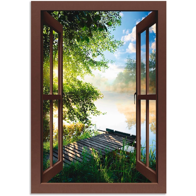 Artland Wandbild »Fensterblick Angelsteg am Fluss«, Fensterblick, (1 St.),  als Alubild, Leinwandbild, Wandaufkleber oder Poster in versch. Größen  online bei OTTO