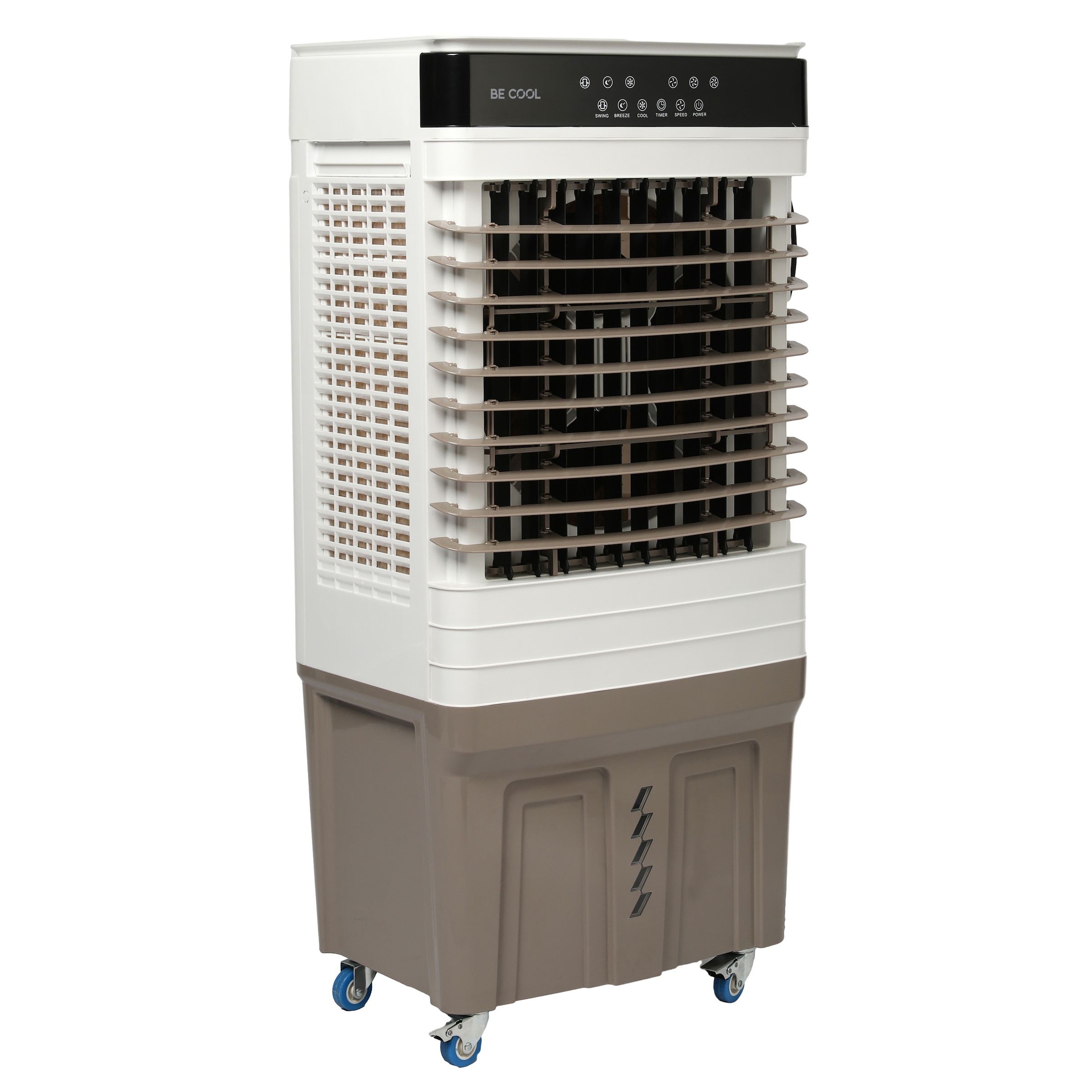 be cool Ventilatorkombigerät »Luftkühler 60l BC60AC2401 weiß/braun«, 40 l Tank, 9800m³/h, Temperaturanzeige, 2 Kühlakkus