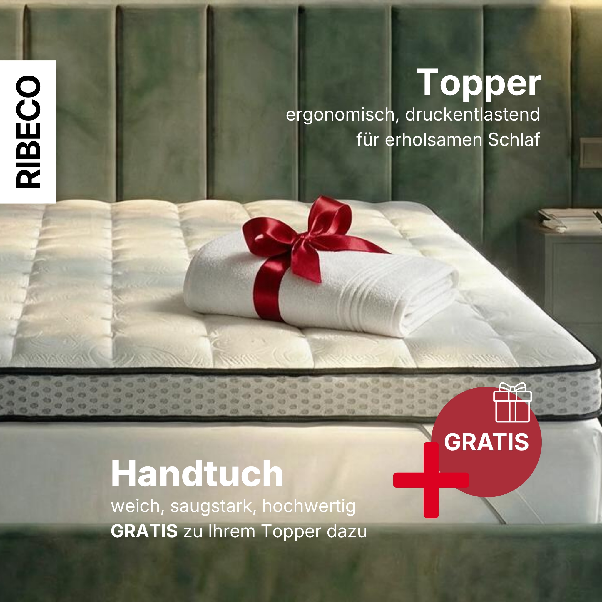 RIBECO Topper »Aaron, Topper 90x200 cm,180x220 cm, GRATIS dazu 1x Handtuch« Gelschaum, Matratze Boxspringbett geeignet, ergonomisch, Made in EU