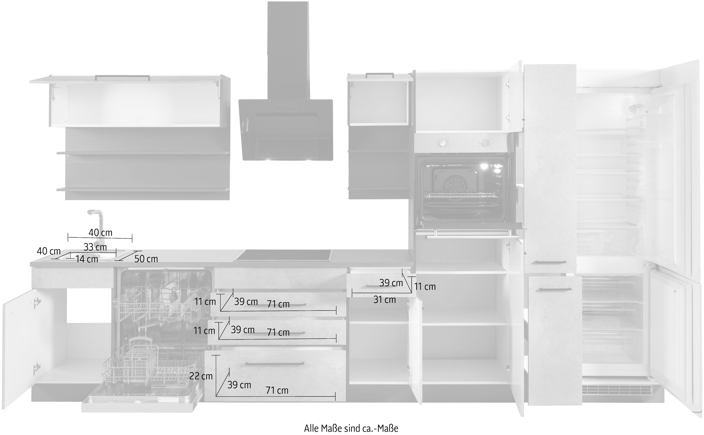 KOCHSTATION Küchenzeile »KS-Tulsa«, ohne E-Geräte, Breite 380 cm, schwarze Metallgriffe, MDF Fronten