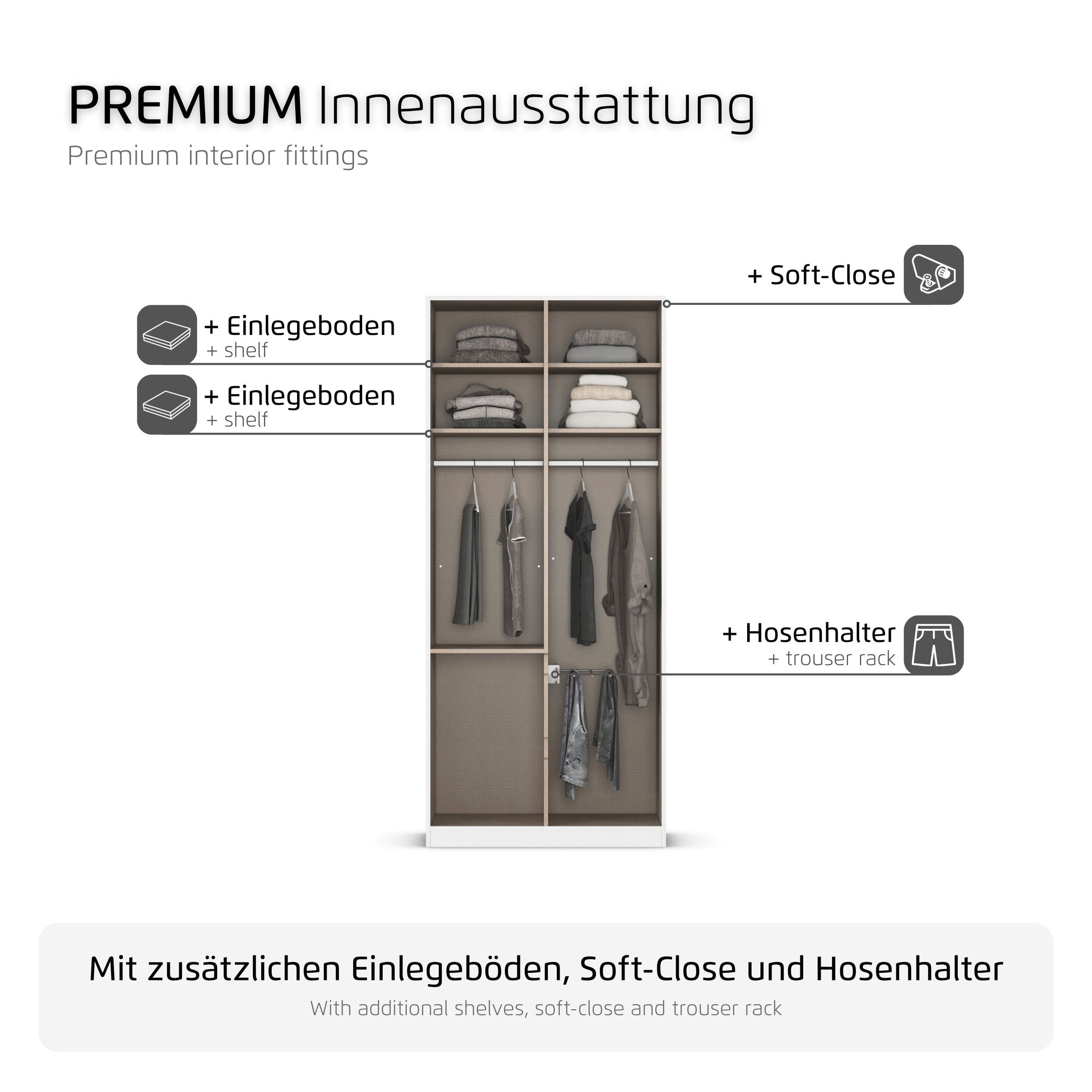 rauch Drehtürenschrank »Schrank Garderobe MAINZ Breiten 91/136/181/226/271/315/360, Höhe 210cm« 3 verschiedene Ausstattungen BASIC/CLASSIC/PREMIUM (inkl. SOFT-CLOSE),  grifflose Front, Außentüren mit Push-to-Open Funktion MADE IN GERMANY