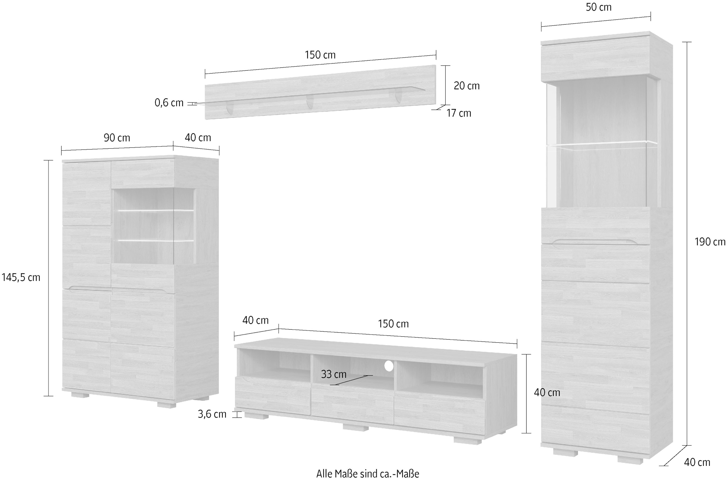 OTTO home Wohnwand »VETRO: besteht aus 2 Vitrinen, 1 Lowboard & 1 Wandregal, Wohnzimmer.« 4 Stk. tlg.