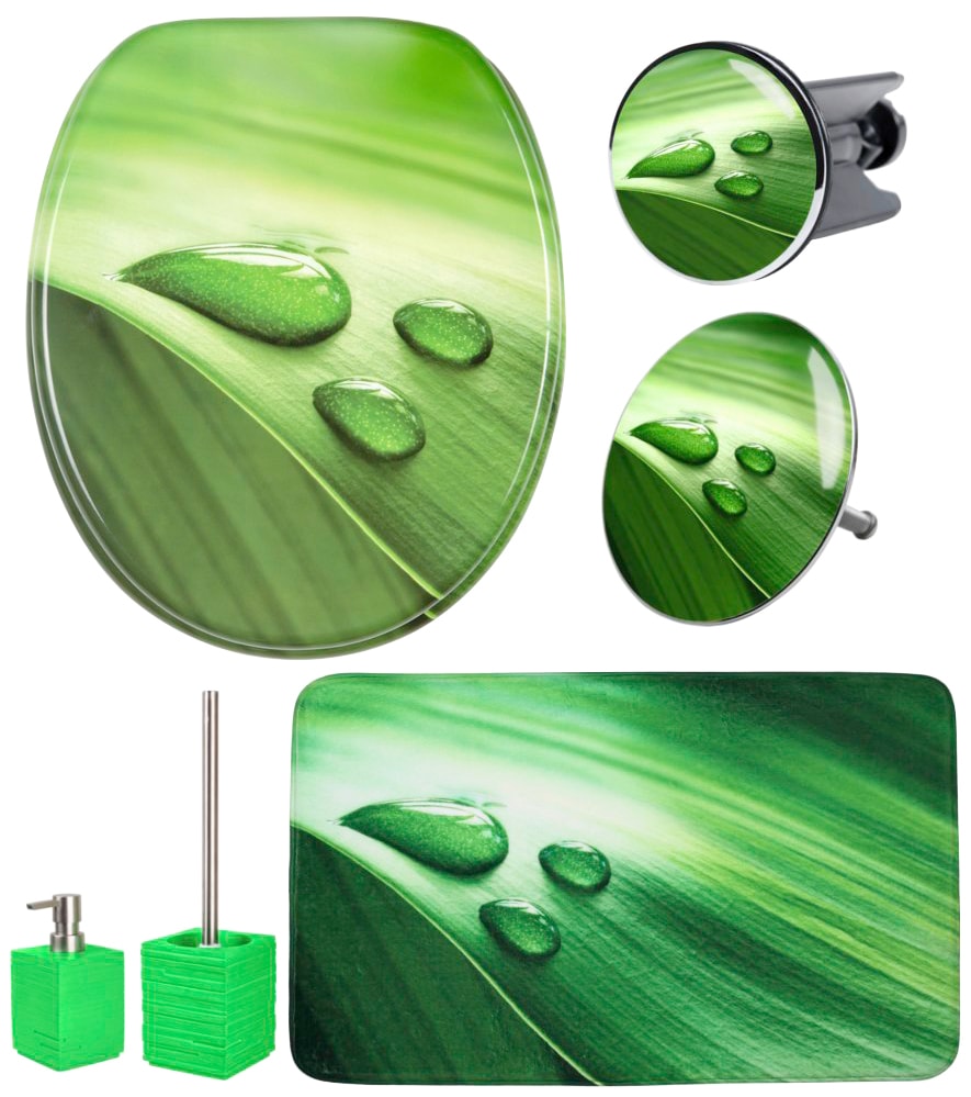 Sanilo Badaccessoire-Set »Green Leaf«, (Komplett-Set, 6 tlg.), bestehend  aus WC-Sitz, Badteppich, Stöpsel, Seifenspender, WC-Bürste kaufen bei OTTO | Bad-Accessoires Sets