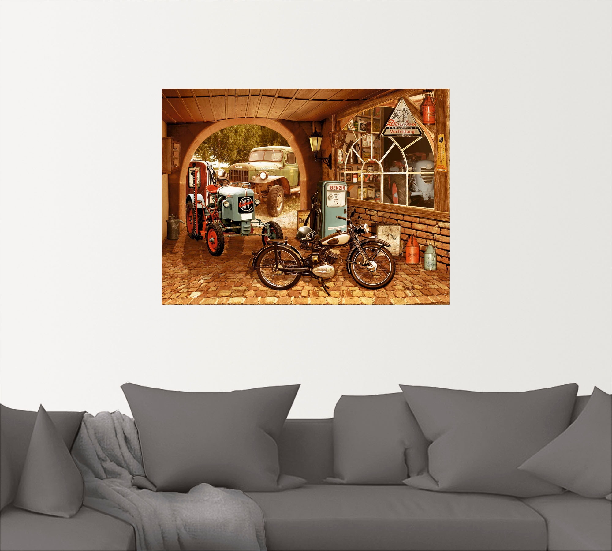 Artland Wandbild »Werkstatt mit Traktor und Motorrad«, Traktoren, (1 St.), als Alubild, Outdoorbild, Leinwandbild, Wandaufkleber, versch. Größen