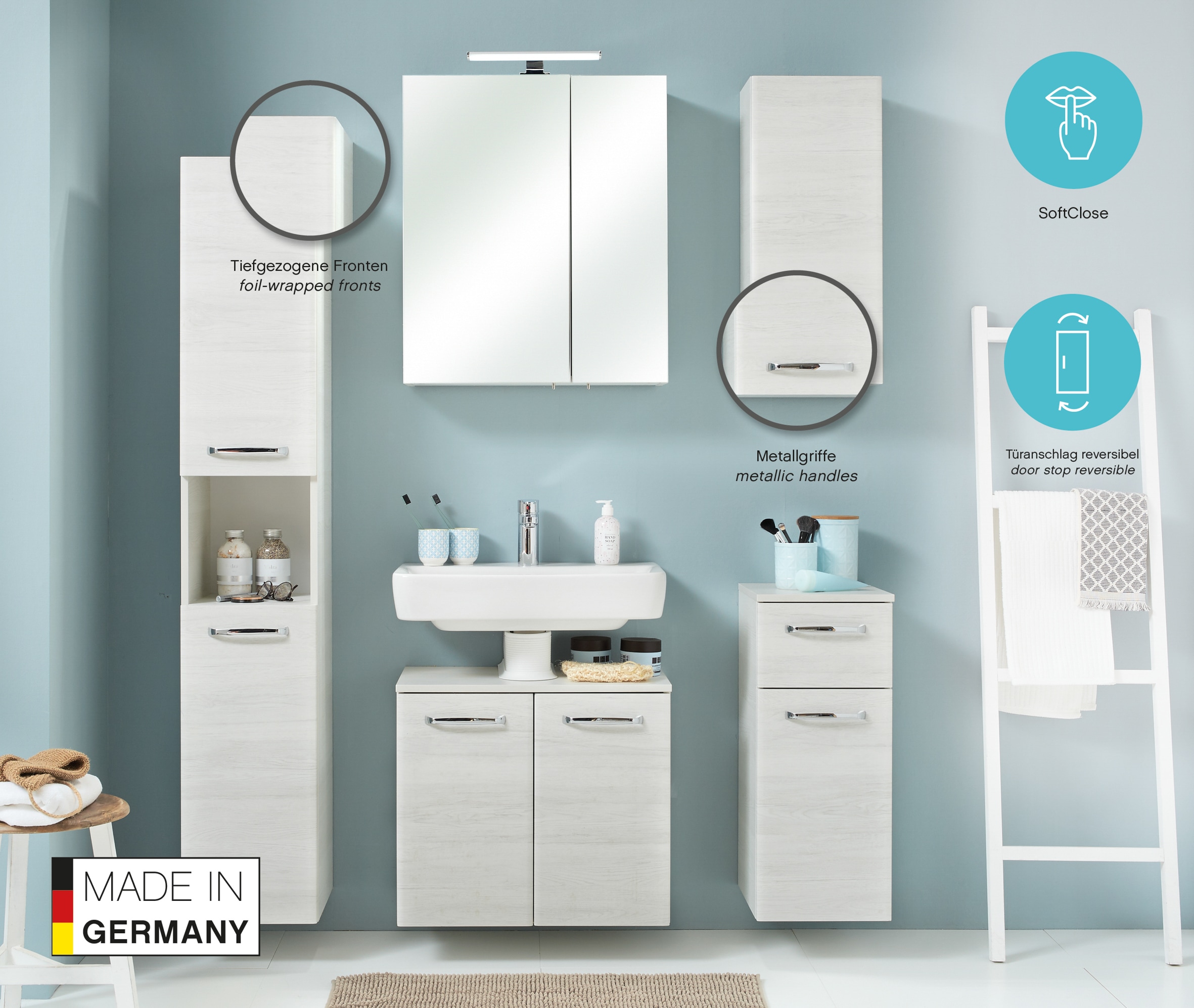 Saphir Unterschrank »Quickset Badschrank 30 cm breit, 1 Tür, 1 Schublade, 1 Einlegeboden« Badezimmer-Unterschrank inkl. Türdämpfer, 1 Tür, Griffe in Chrom Glanz