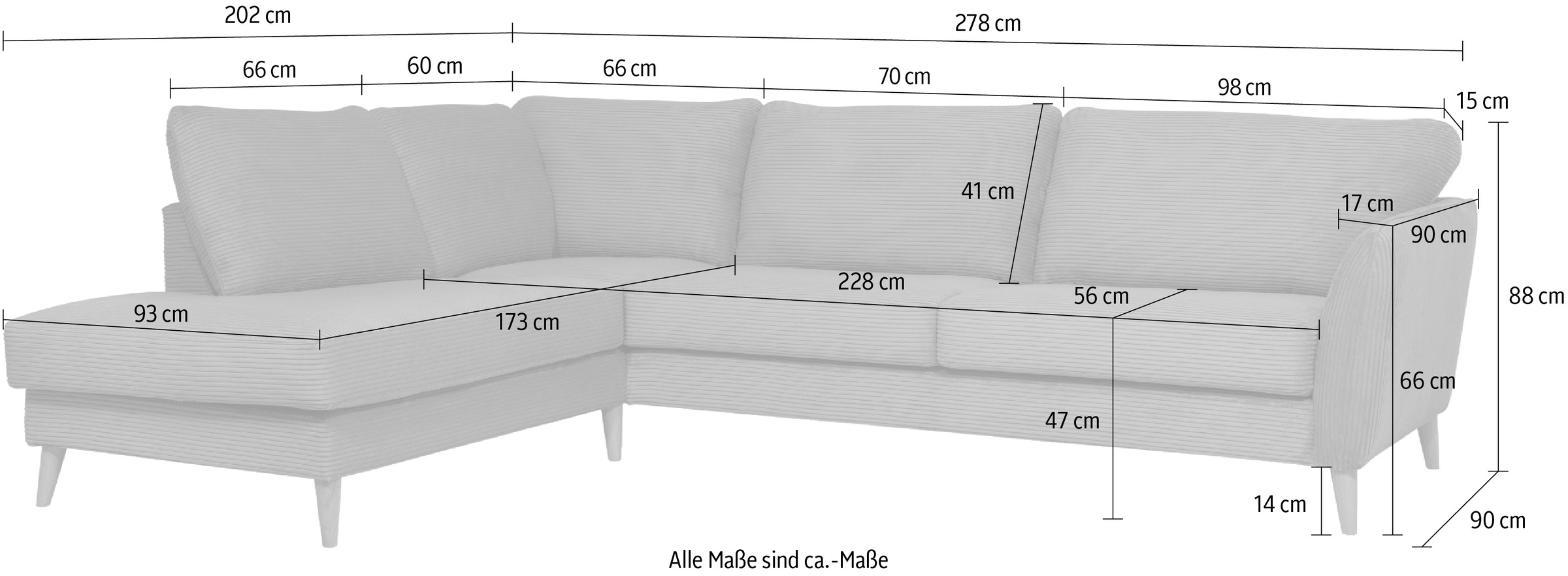 Home affaire Ecksofa »MARSEILLE 278/202 cm, L-Form, Ottom. rechts/links, verschiedene Bezüge«, Massivholzbeine Eiche, Landhausstil, Wellenunterfederung