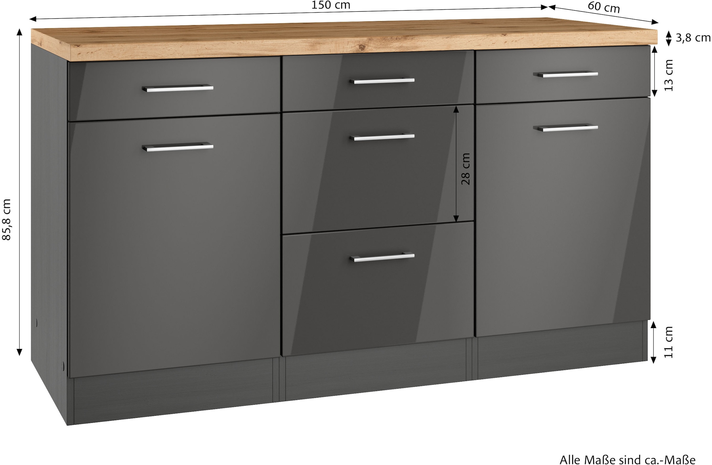 KOCHSTATION Unterschrank »KS-Milan«, HELD Möbel, Unterschrank 150 cm, matte oder hochglänzende Fronten