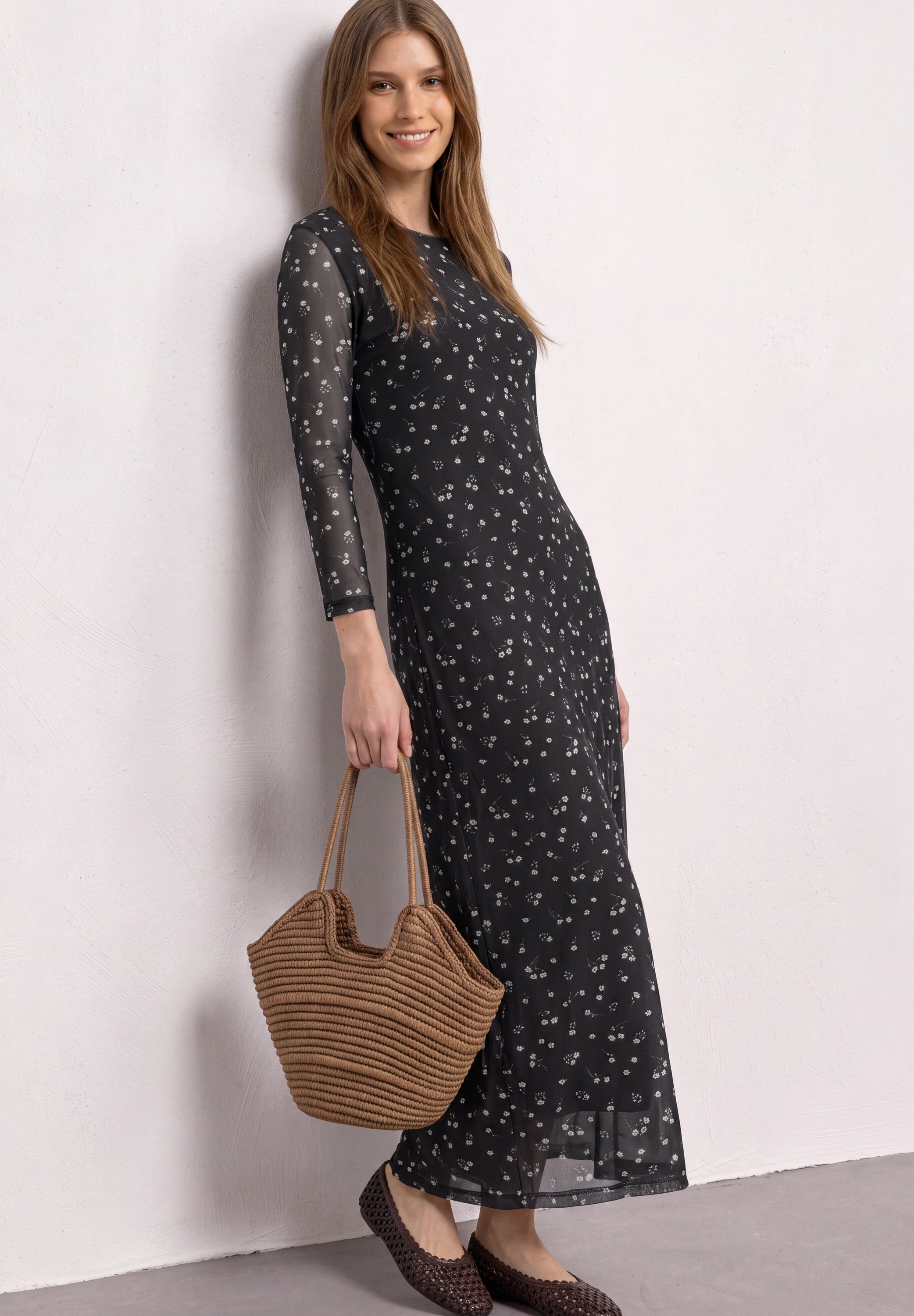 STREET ONE Midikleid Ohne Taschen aus Mesh mit floralem Muster / U-Boot-Ausschnitt