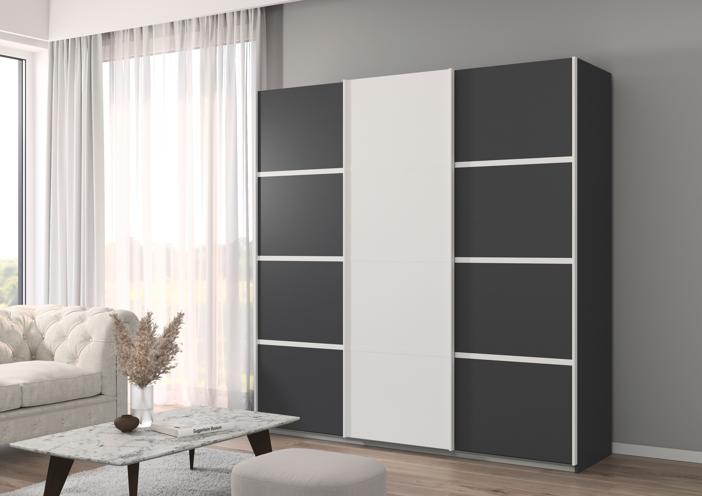 rauch Kleiderschrank »Schwebetürenschrank Garderobe Schrank TOP ANGEBOT Avola«, (in 3 verschiedenen Ausstattungen BASIC/CLASSIC/PREMIUM), mit eleganten Zierleisten in Chrom, Schwarz oder Weiß MADE IN GERMANY